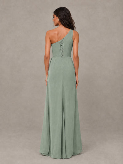 BOLODOO Dusty Sage One-Shoulder Chiffon Bridesmaid Dress with Ruched Bodice & High Slit - Dusty Sage - Dusty Sage (2)