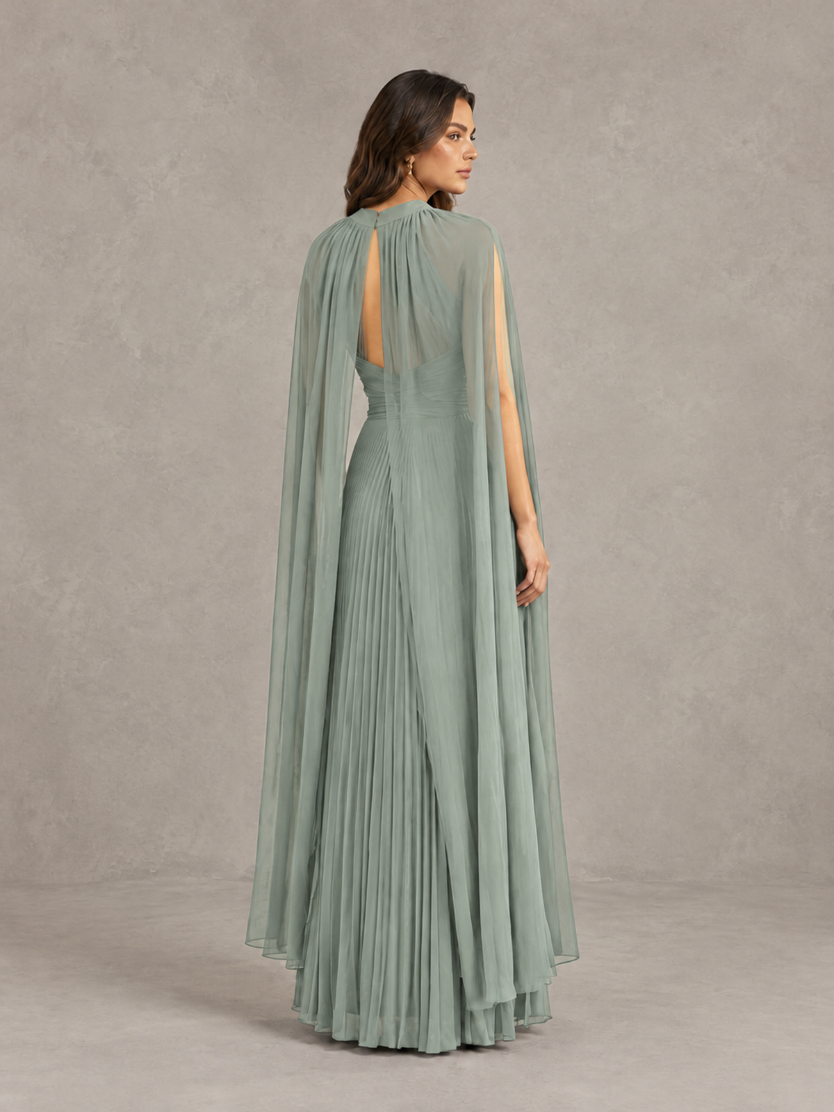 BOLODOO Dusty Sage Pleated Cape Maxi Wedding Guest Dress - Dusty Sage - Dusty Sage (2)
