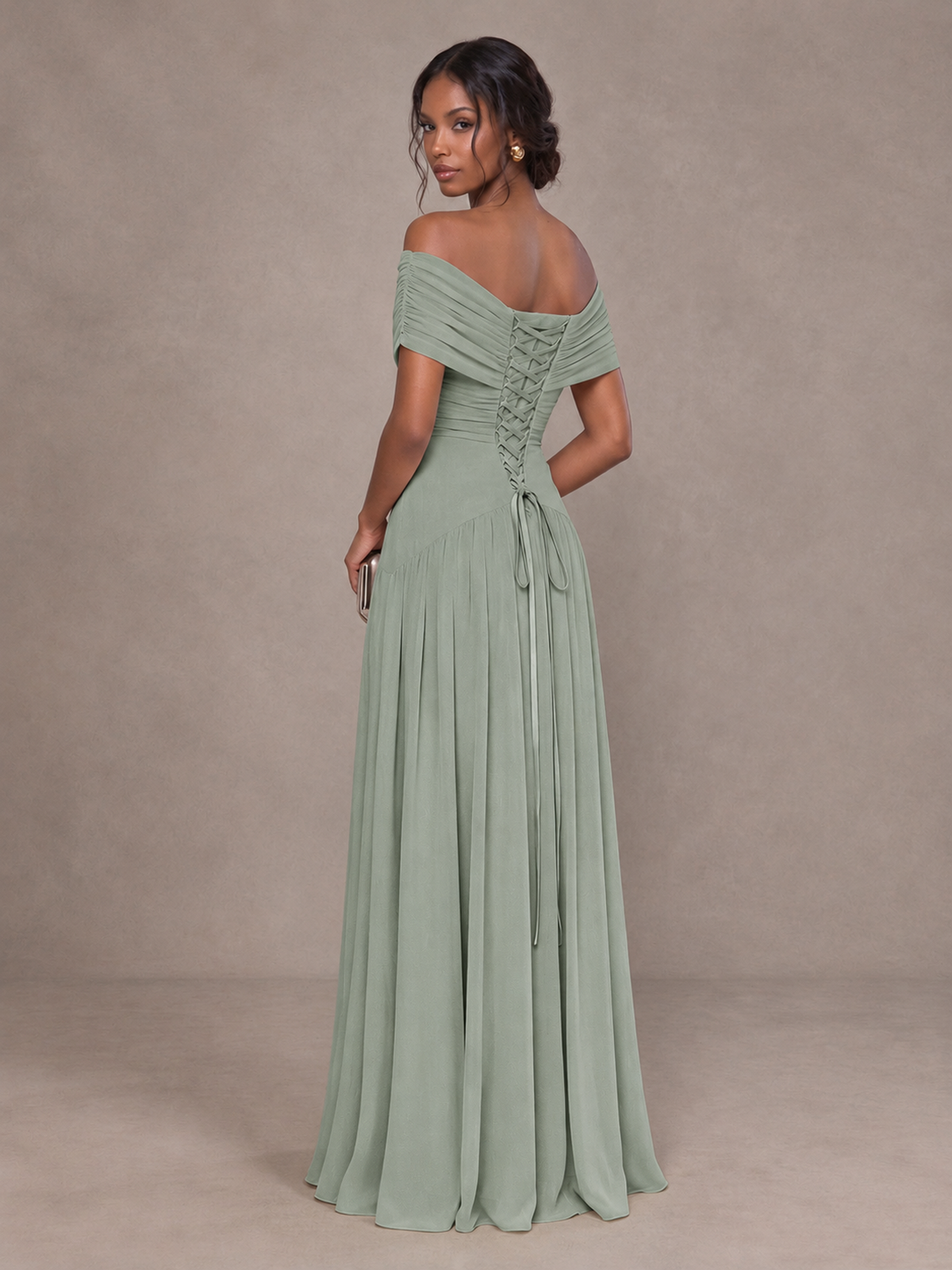 BOLODOO Dusty Sage Off-Shoulder Ruched A-Line Bridesmaid Dress - Dusty Sage - Dusty Sage (2)