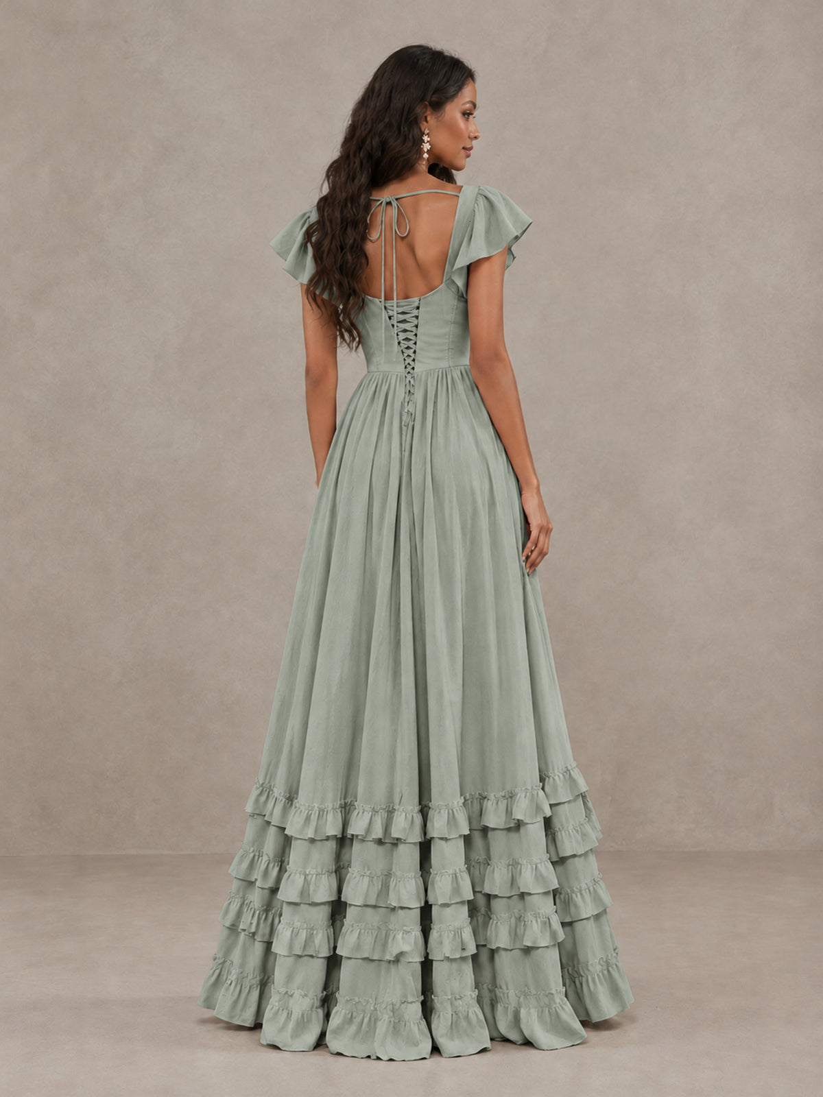BOLODOO Dusty Sage Flutter Sleeve Ruffle Bridesmaid Dress with Slit - Dusty Sage - Dusty Sage (2)