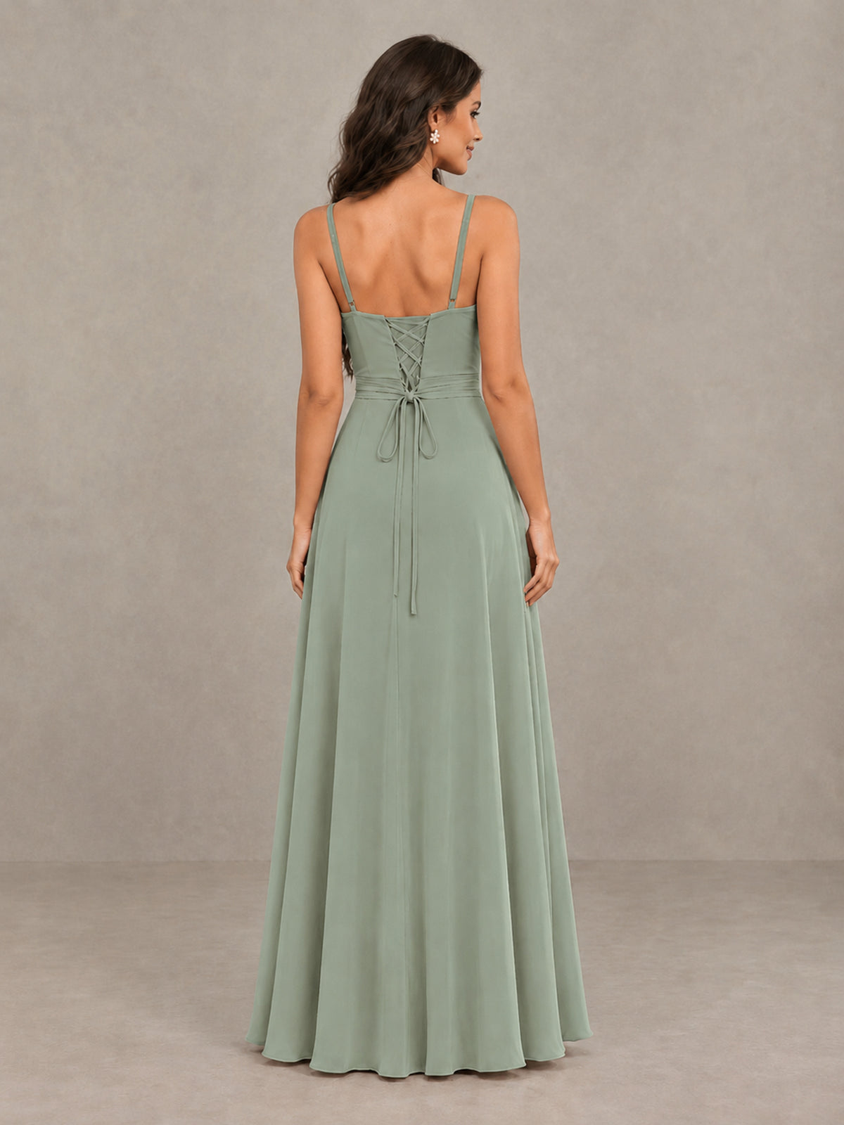 BOLODOO Dusty Sage Spaghetti Strap Ruffle Bridesmaid Dress with Slit - Dusty Sage - Dusty Sage (2)