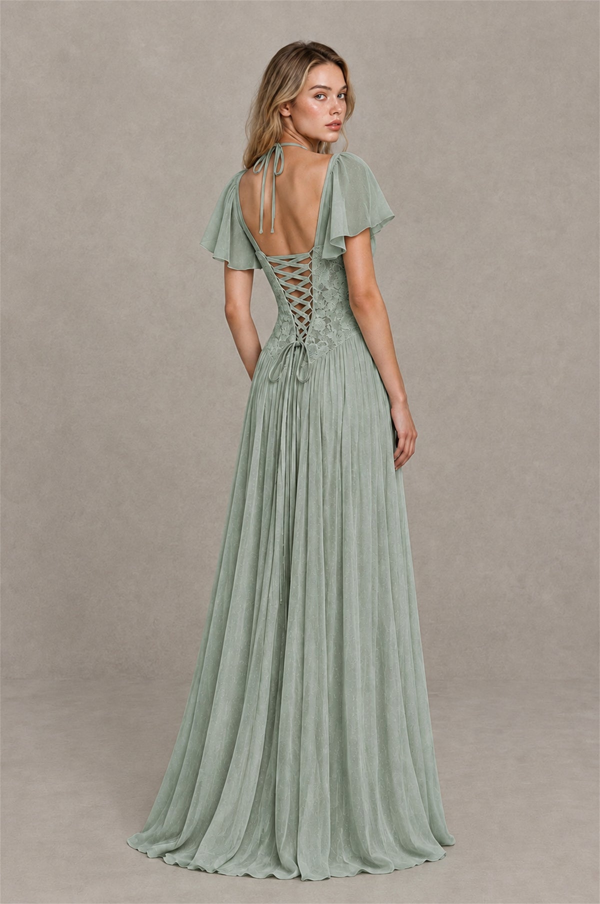 BOLODOO Dusty Sage Flutter Sleeve Lace Corset A-Line Maxi Dress - Dusty Sage - Dusty Sage (2)