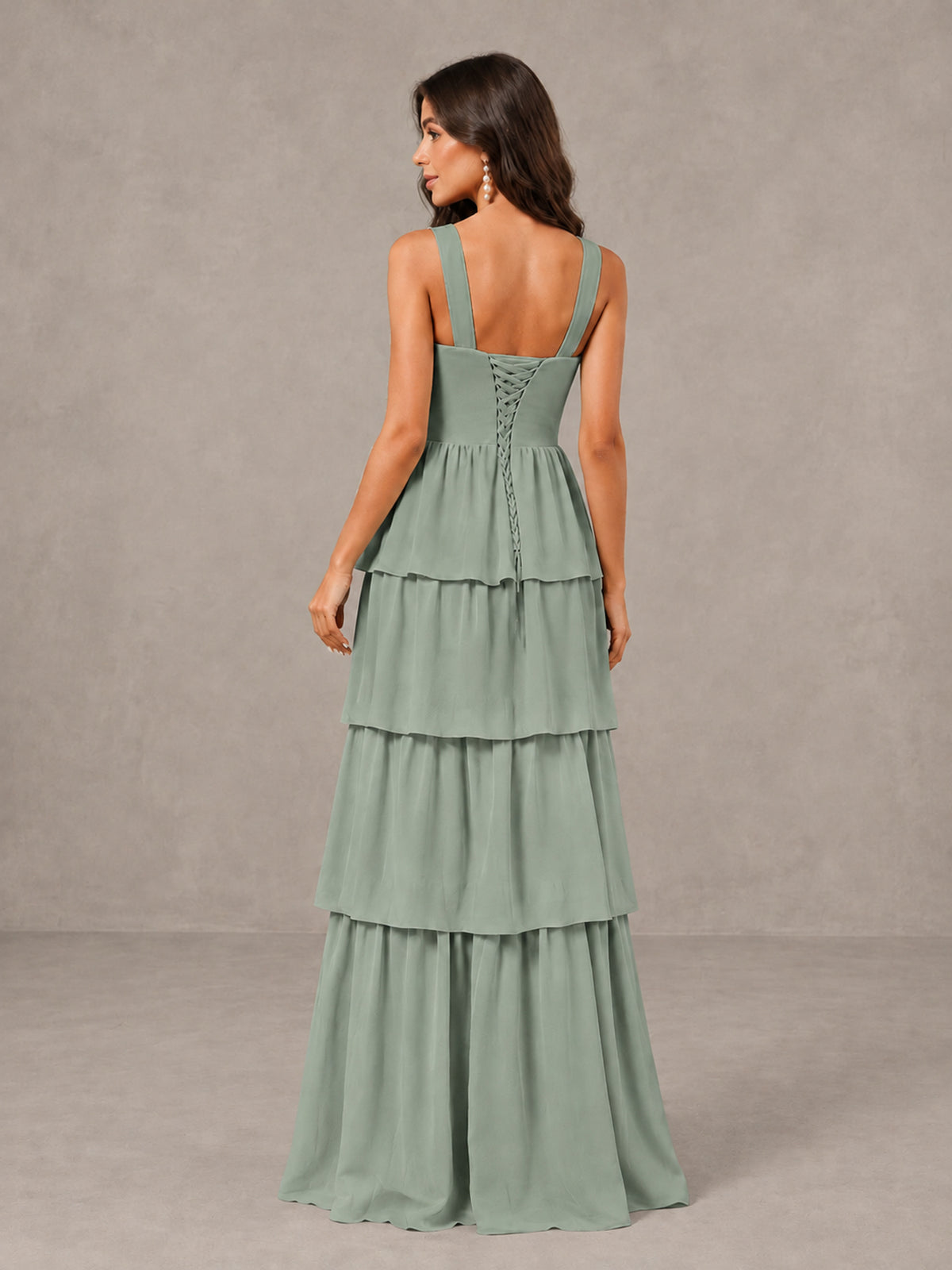 BOLODOO Dusty Sage Square Neck Tiered Bridesmaid Dress with Slit - Dusty Sage - Dusty Sage (2)