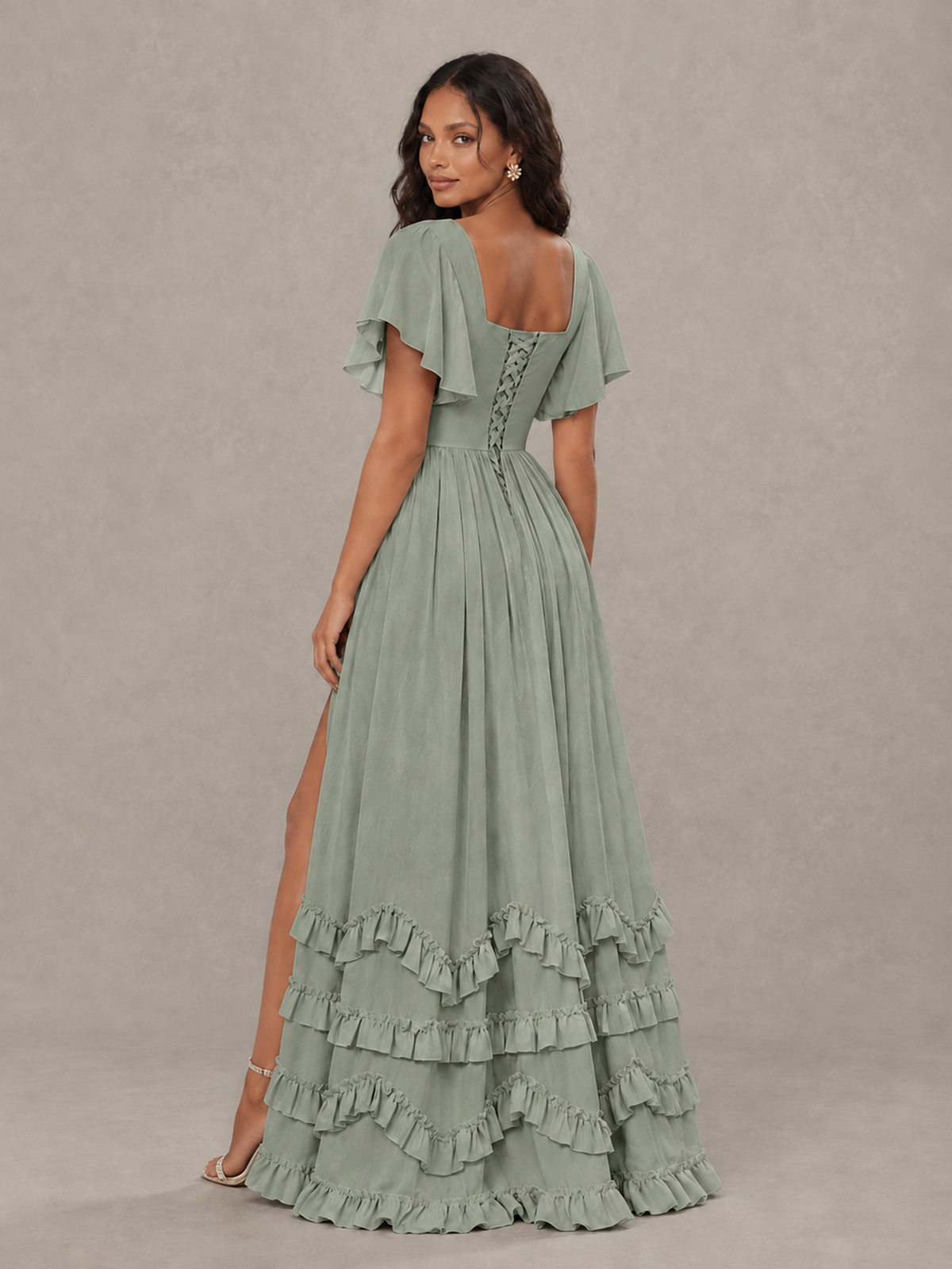BOLODOO Dusty Sage V-Neck Flutter Sleeve Ruffle Bridesmaid Dress with Slit - Dusty Sage - Dusty Sage (2)