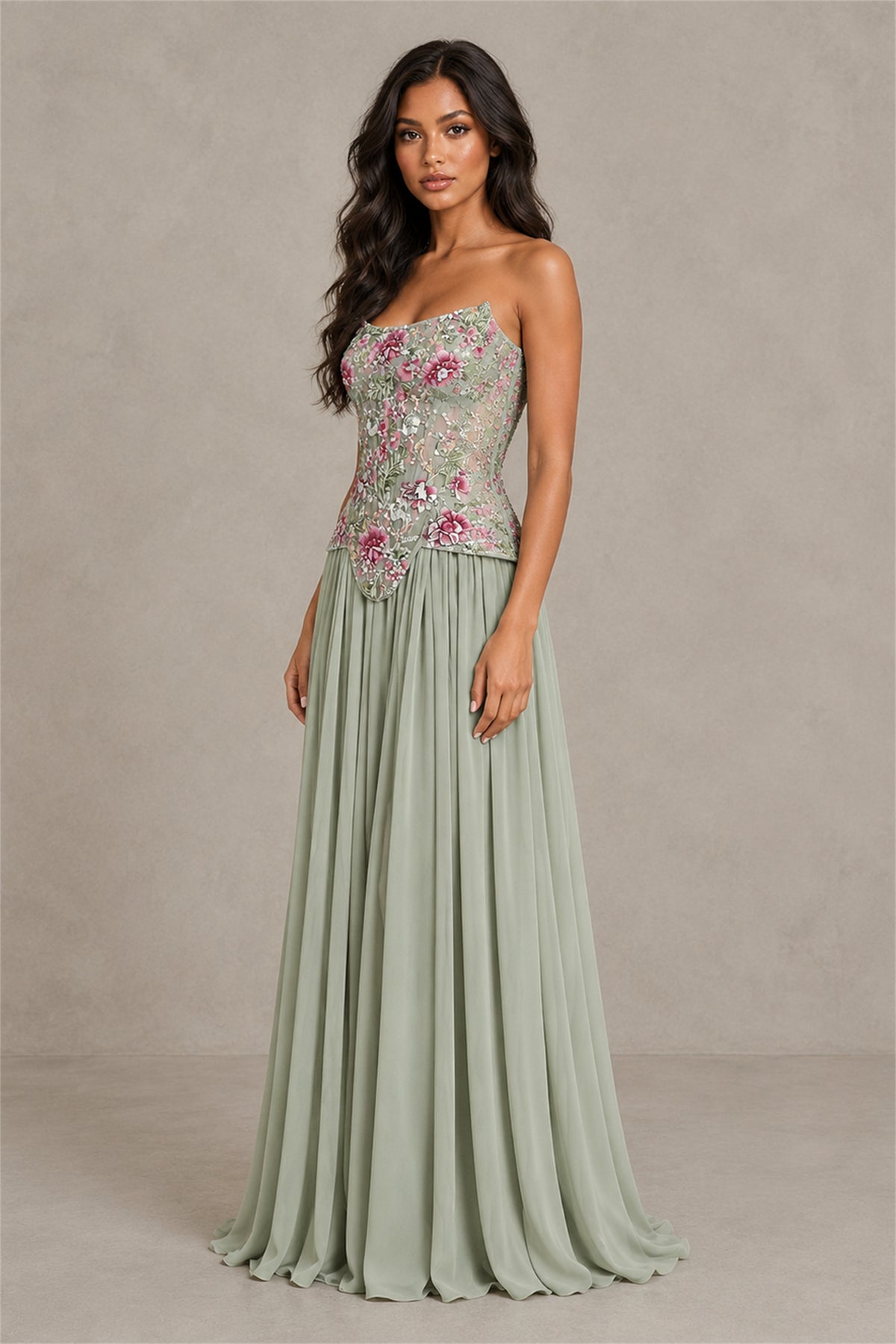BOLODOO Dusty Sage Strapless Floral Beaded Chiffon Maxi Dress - Dusty Sage