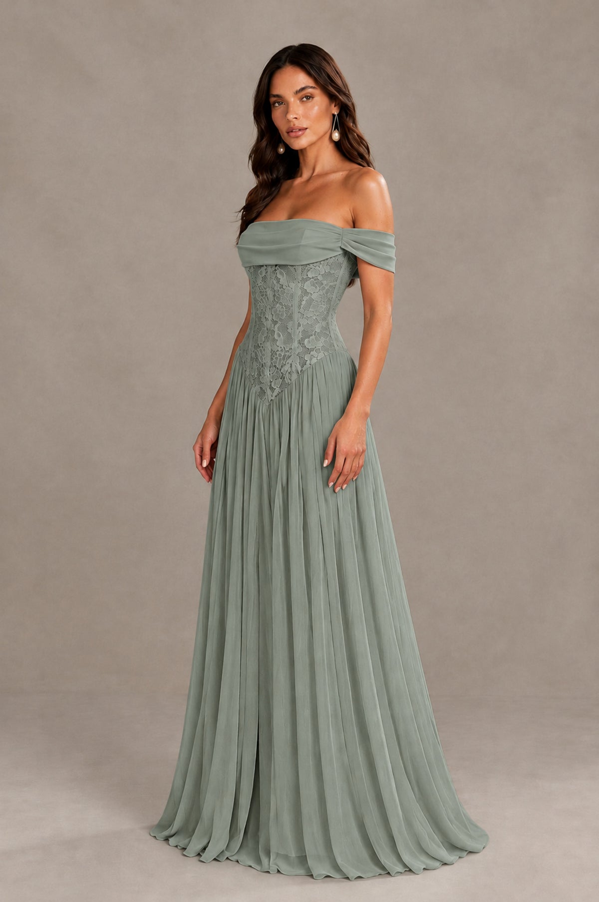 BOLODOO Dusty Sage Off-Shoulder Lace Corset Tulle Maxi Dress - Dusty Sage - Dusty Sage (3)