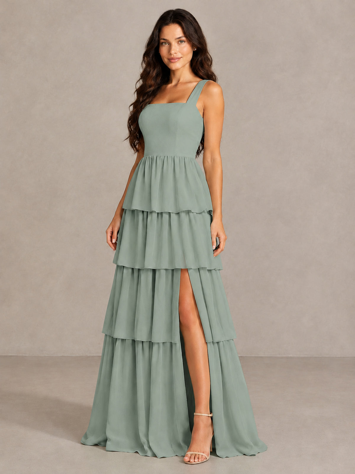 BOLODOO Dusty Sage Square Neck Tiered Bridesmaid Dress with Slit - Dusty Sage - Dusty Sage (3)