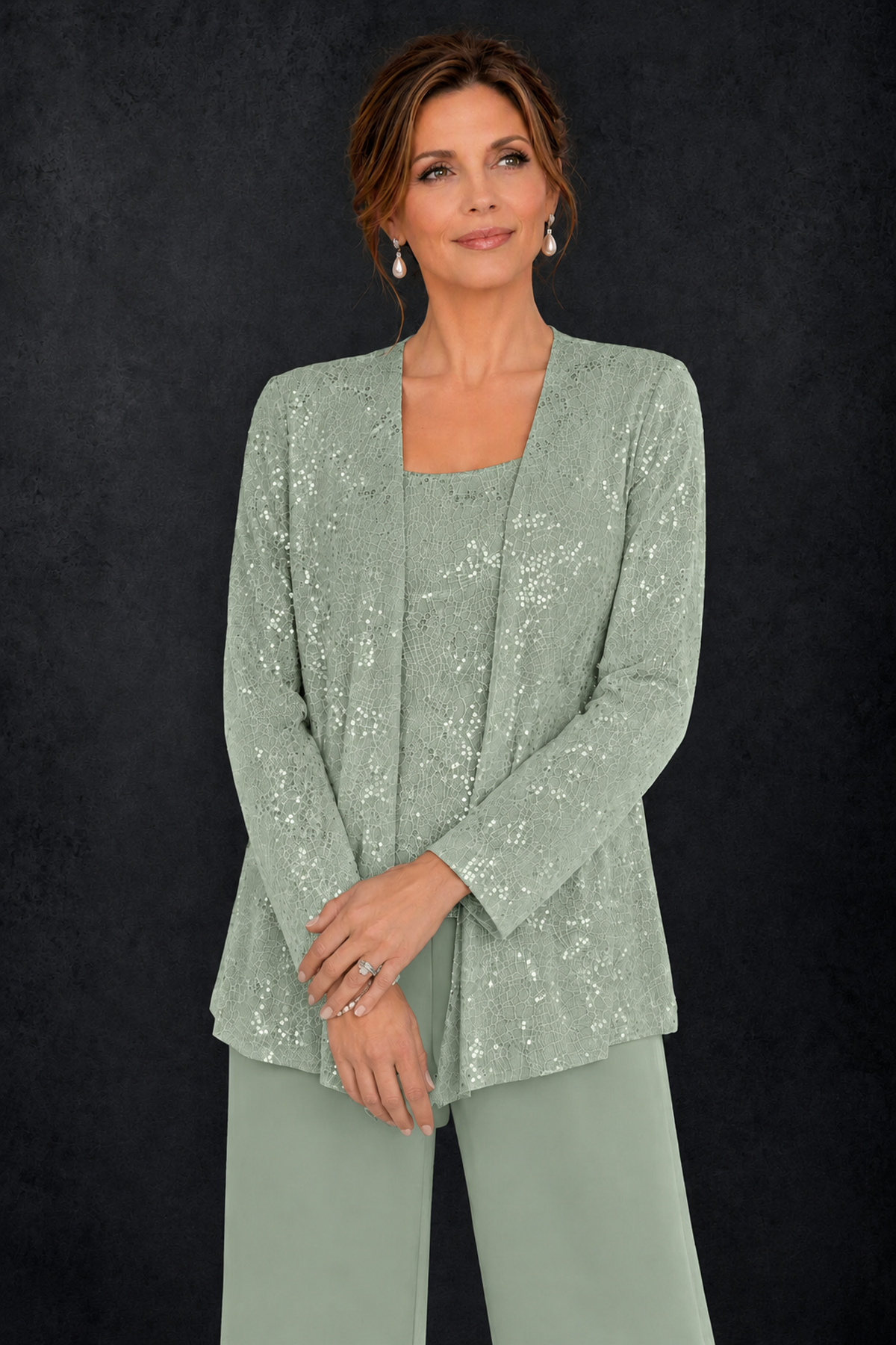 BOLODOO Dusty Sage Sequin Lace 3-Piece Pant Suit with Long Sleeve Jacket - Dusty Sage - Dusty Sage (3)