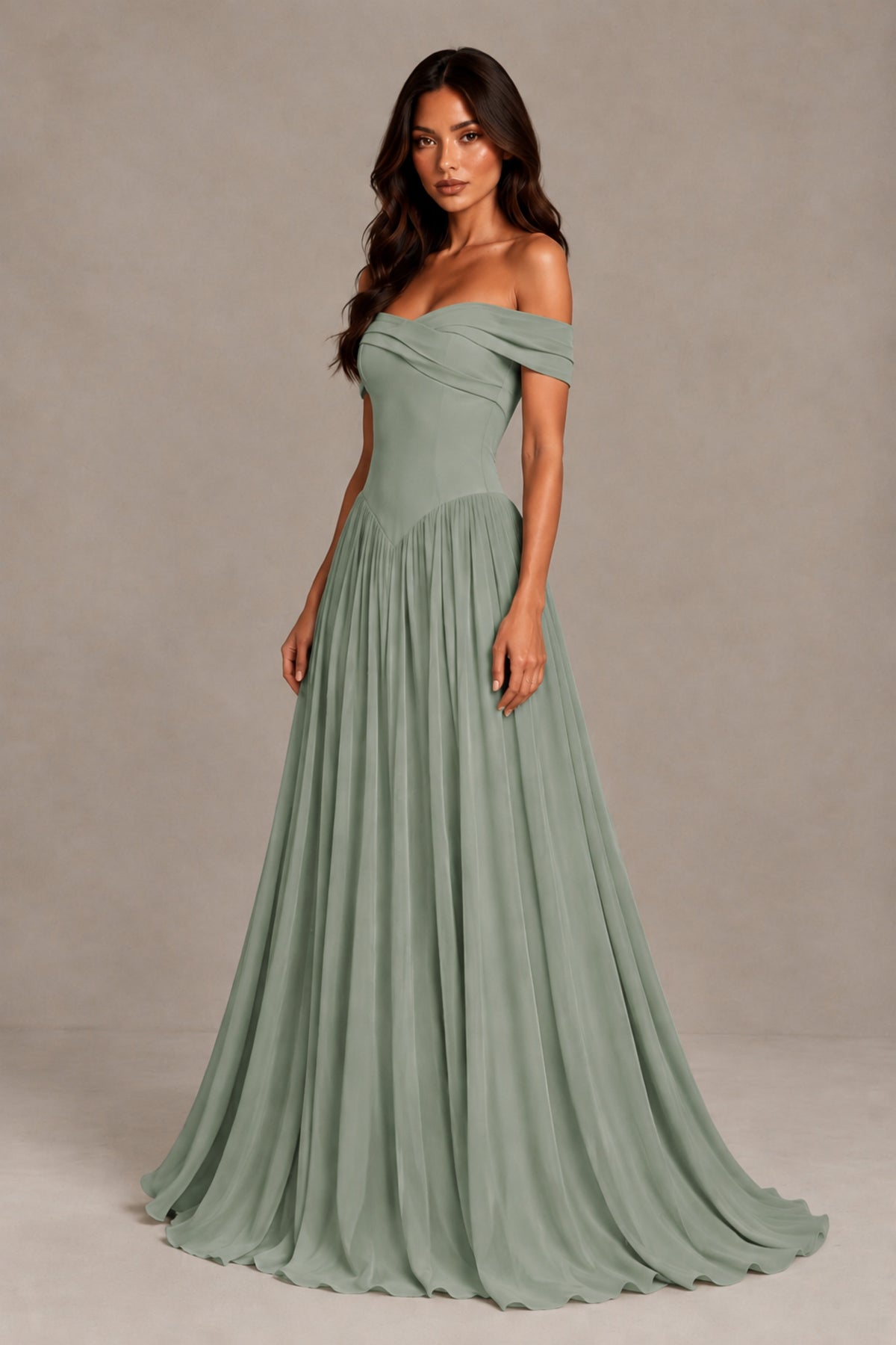 BOLODOO Dusty Sage Off-Shoulder Sweetheart Corset Pleated Chiffon Maxi Dress - Dusty Sage - Dusty Sage (3)