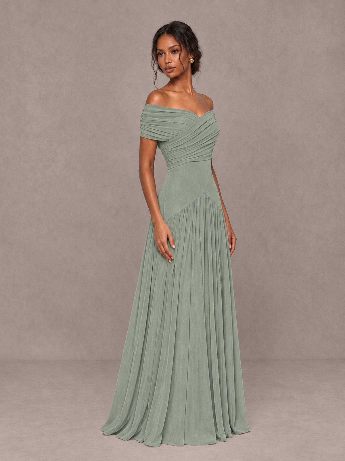 BOLODOO Dusty Sage Off-Shoulder Ruched A-Line Bridesmaid Dress - Dusty Sage - Dusty Sage (3)