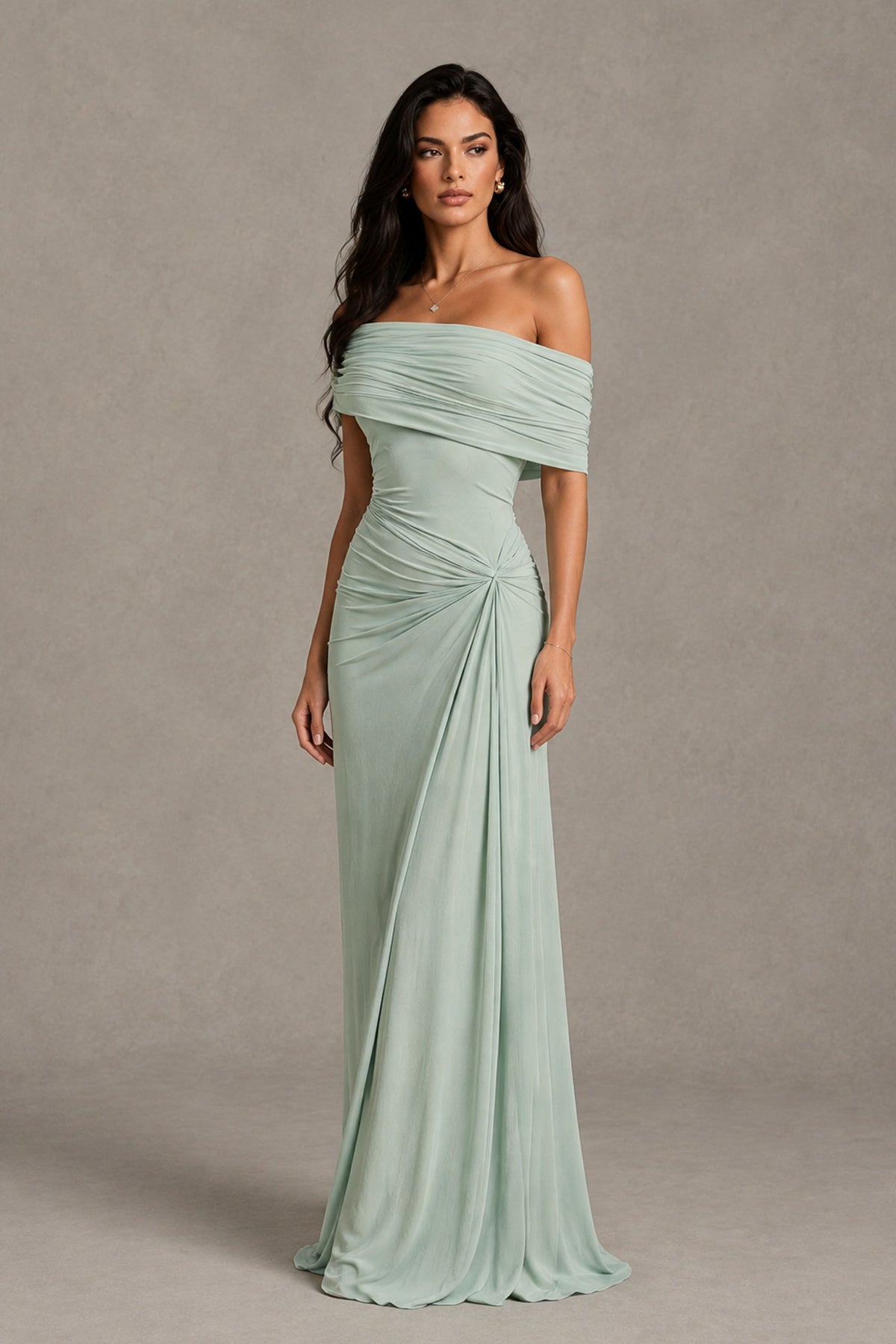 BOLODOO Dusty Sage Off-Shoulder Ruched Maxi Dress - Dusty Sage