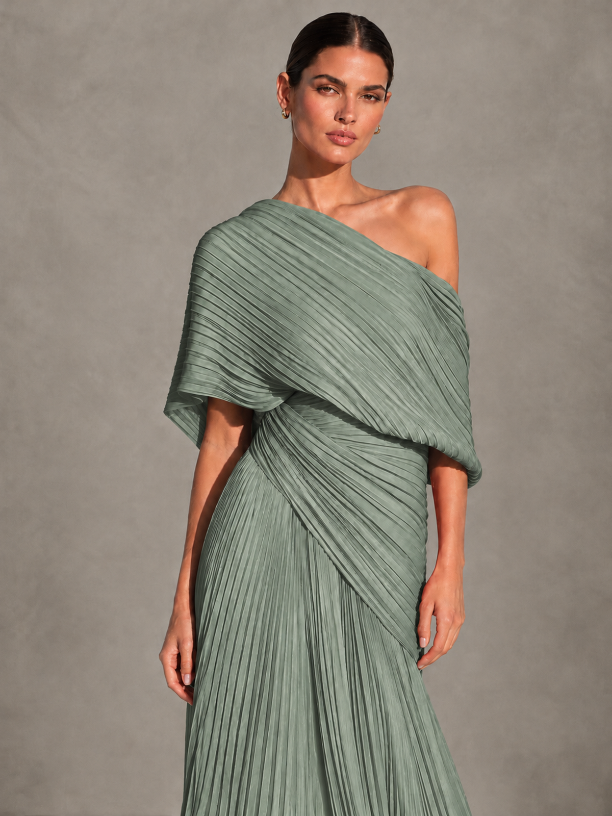 BOLODOO Dusty Sage One-Shoulder Pleated Cape Evening Gown with Train - Dusty Sage - Dusty Sage (3)