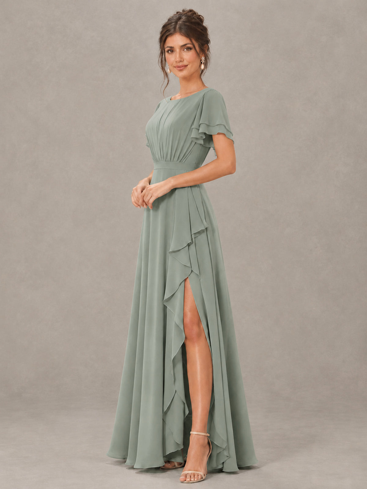 BOLODOO Dusty Sage Flutter Sleeve Ruffle Bridesmaid Dress with Slit - Dusty Sage - Dusty Sage (3)