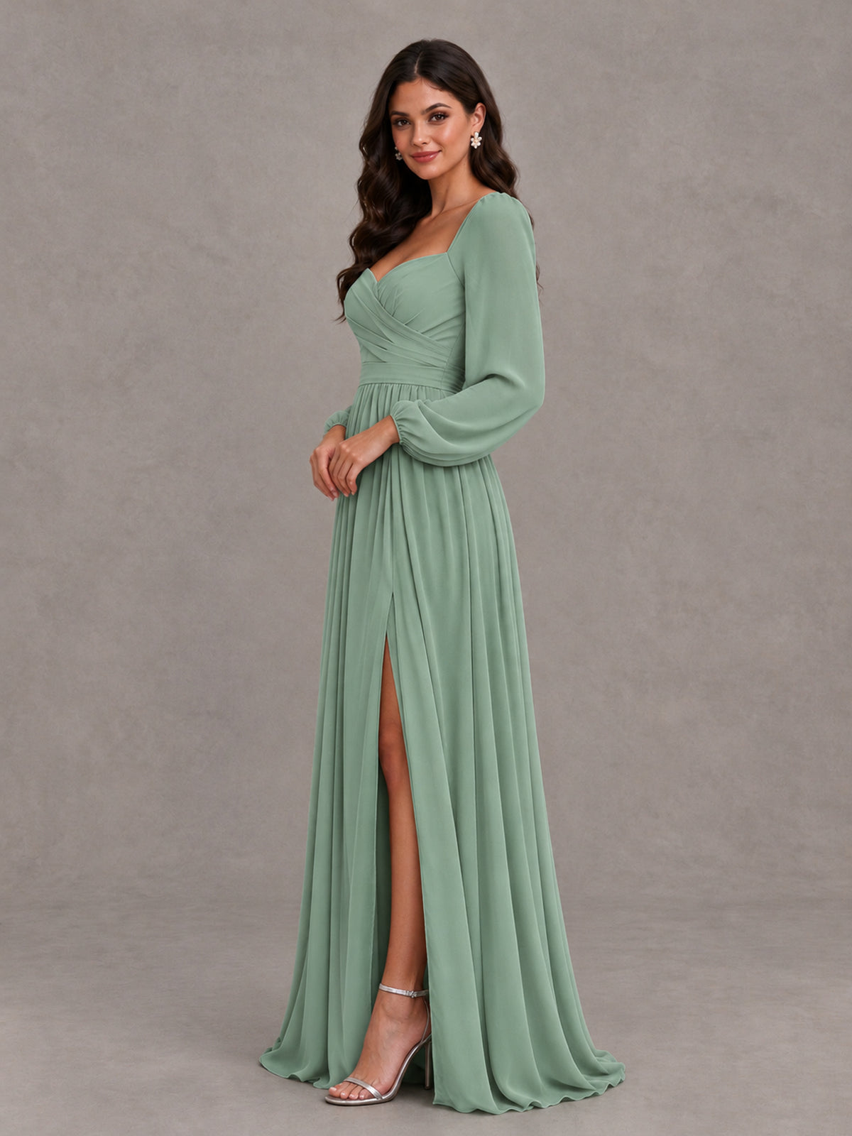 BOLODOO Dusty Sage Long Sleeve Chiffon Bridesmaid Dress with Slit - Dusty Sage - Dusty Sage (3)
