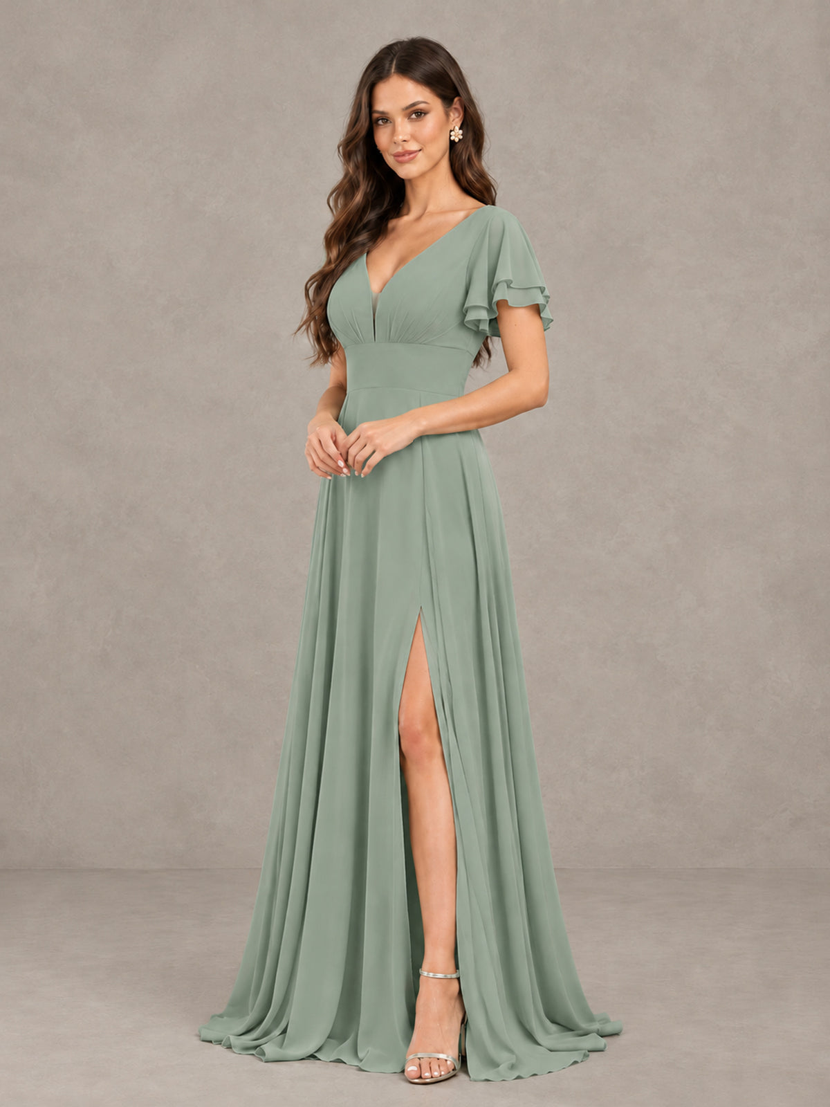 BOLODOO Dusty Sage Flutter Sleeve Chiffon A-Line Maxi Bridesmaid Dress with Open Back & Slit - Dusty Sage - Dusty Sage (3)