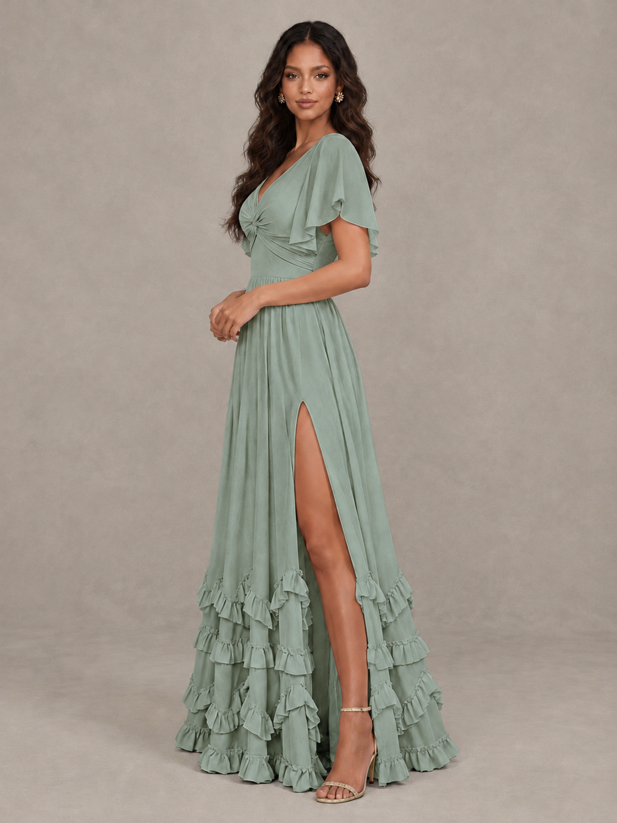 BOLODOO Dusty Sage V-Neck Flutter Sleeve Ruffle Bridesmaid Dress with Slit - Dusty Sage - Dusty Sage (3)