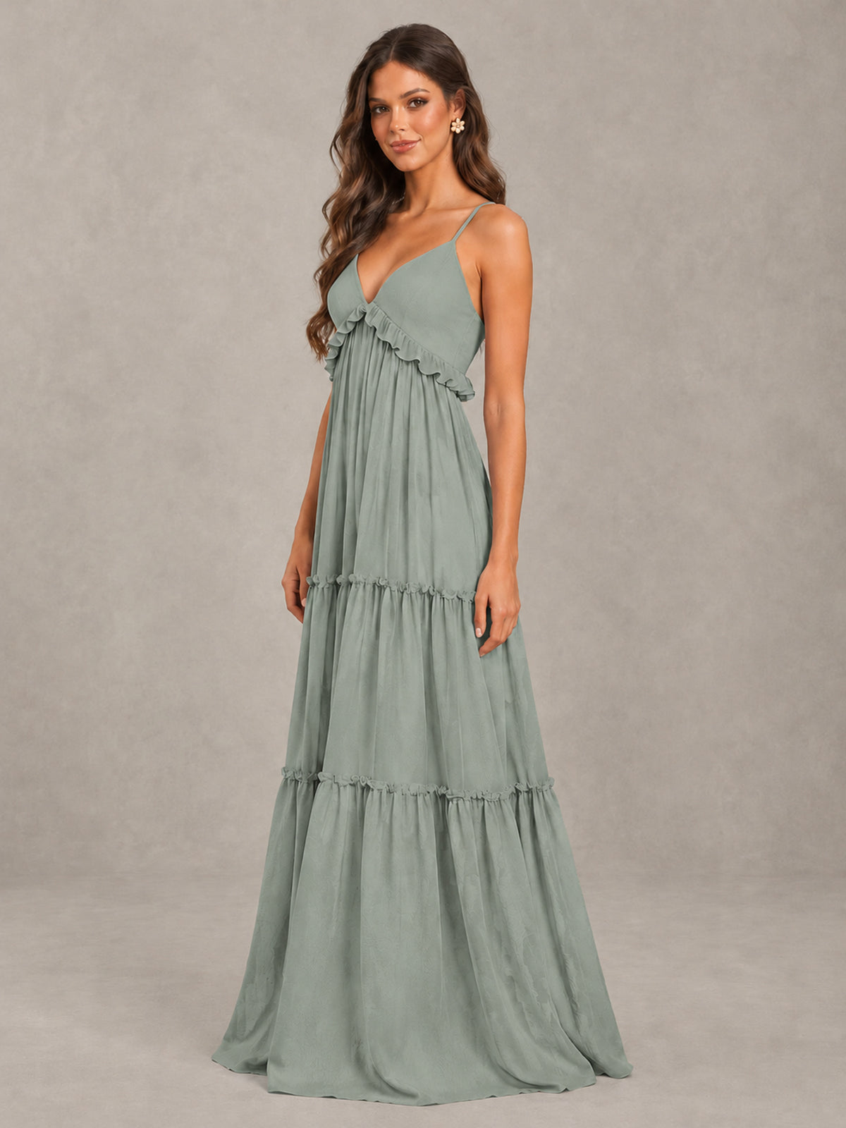 BOLODOO Dusty Sage Tiered V-Neck Lace-Up Back Bridesmaid Dress - Dusty Sage - Dusty Sage (3)