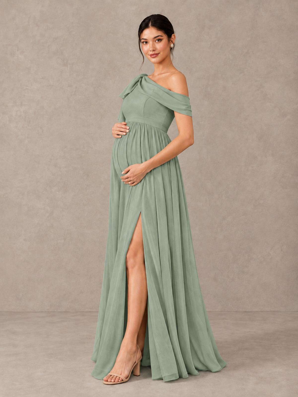 BOLODOO Dusty Sage One-Shoulder Maternity Bridesmaid Dress with Slit - Dusty Sage - Dusty Sage (3)