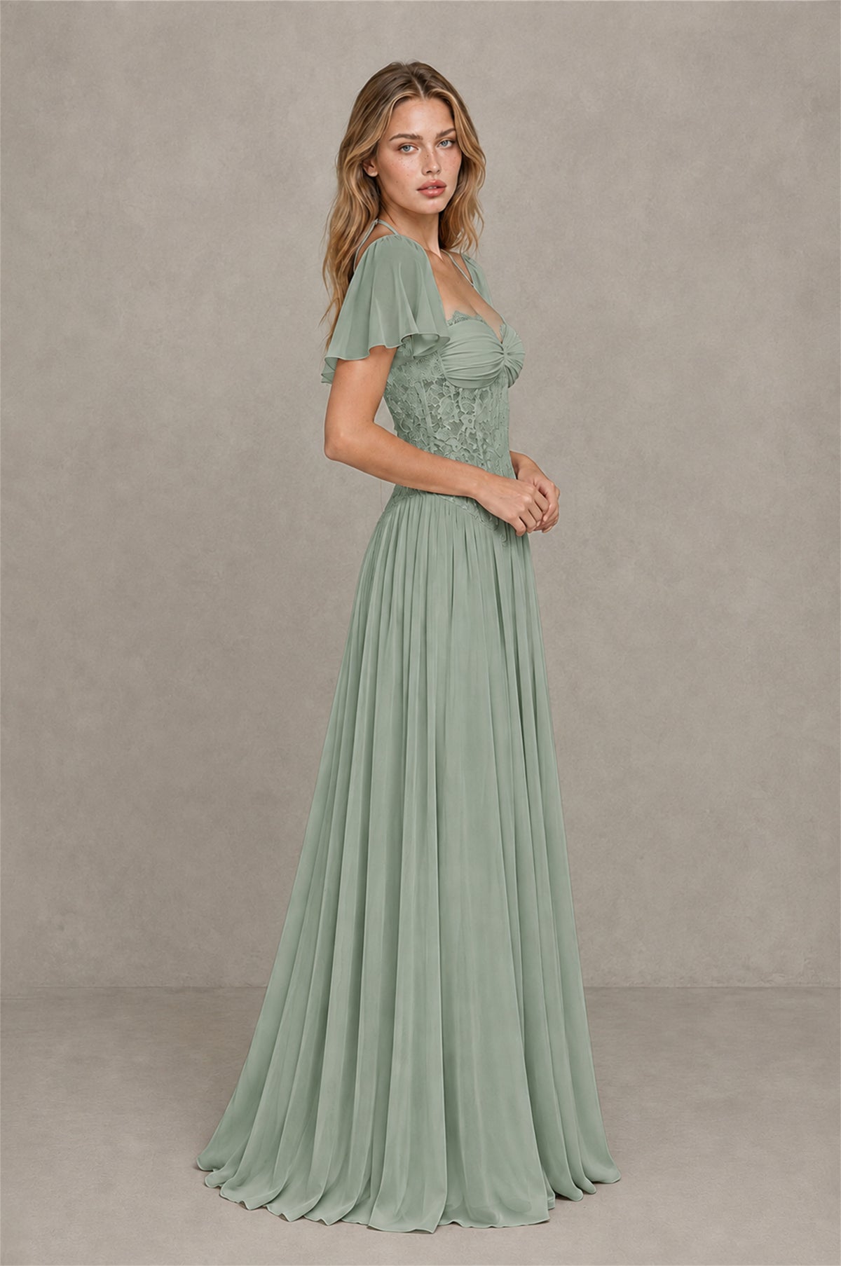 BOLODOO Dusty Sage Flutter Sleeve Lace Corset A-Line Maxi Dress - Dusty Sage - Dusty Sage (3)