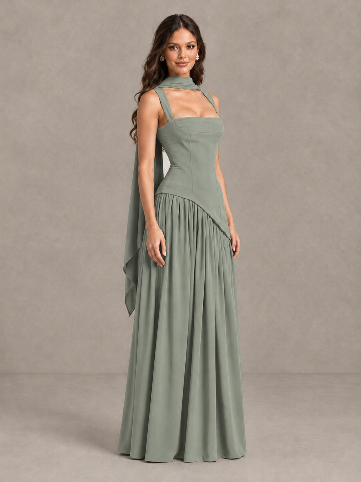 BOLODOO Dusty Sage Brown Scarf Bridesmaid Dress with Lace-Up Back - Dusty Sage - Dusty Sage (3)