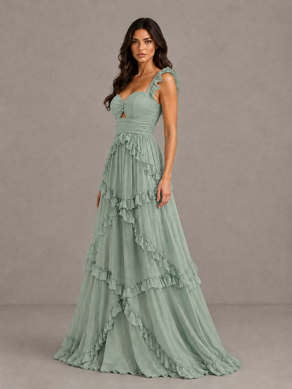 BOLODOO Dusty Sage Ruffle A-Line Prom Dress with Open Back - Dusty Sage - Dusty Sage (3)