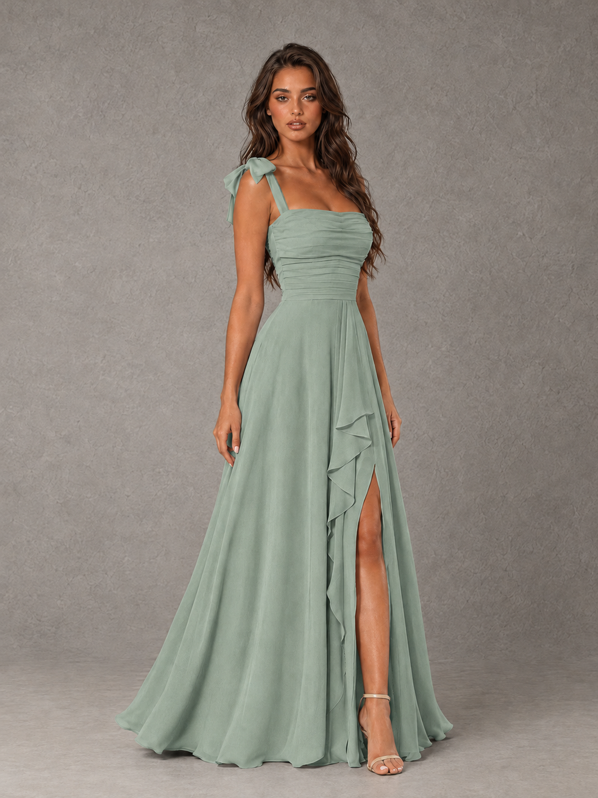 BOLODOO Dusty Sage Bow-Strap Bridesmaid Dress with Ruffle Slit - Dusty Sage - Dusty Sage (3)