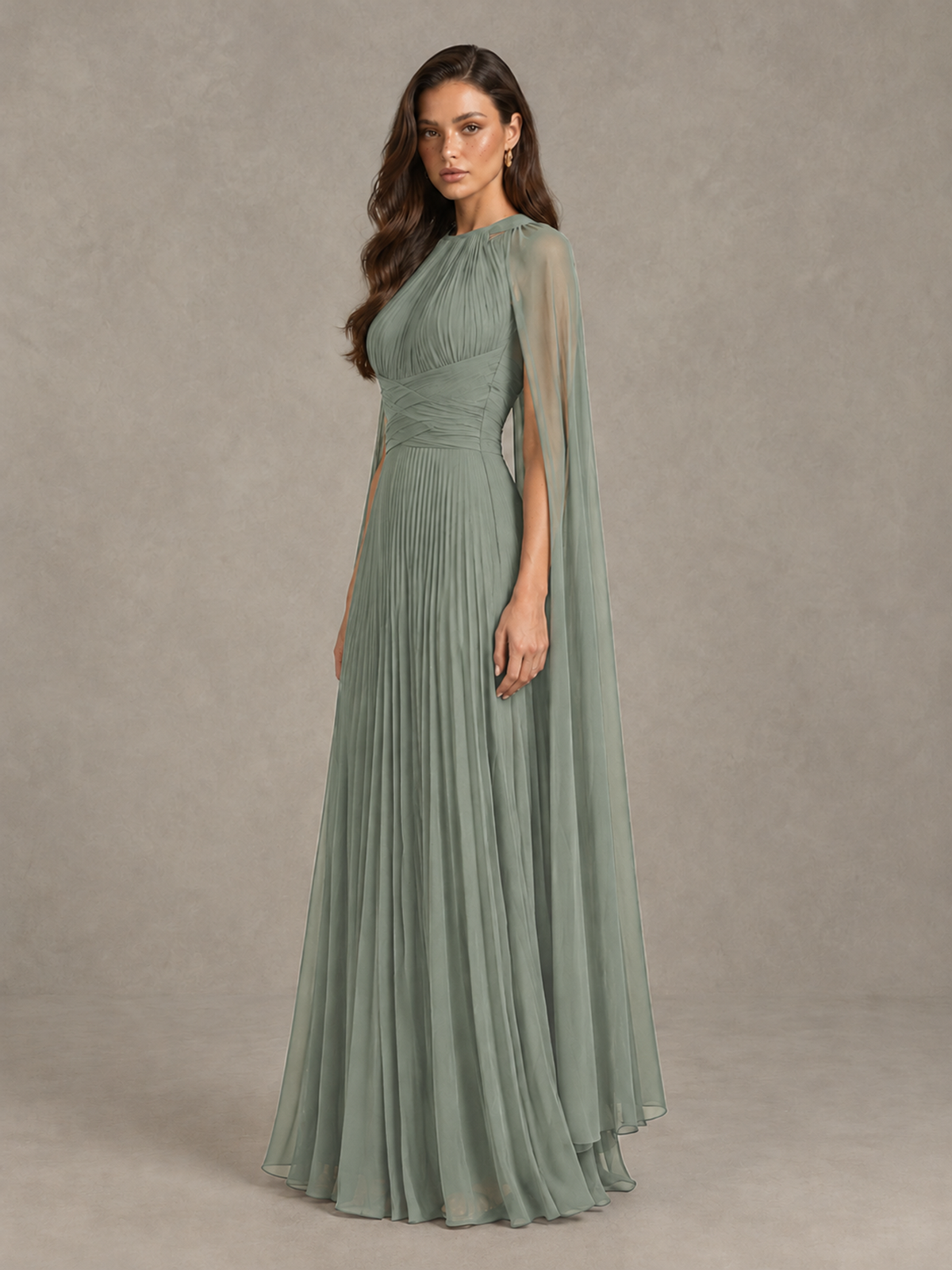 BOLODOO Dusty Sage Pleated Cape Maxi Wedding Guest Dress - Dusty Sage - Dusty Sage (3)