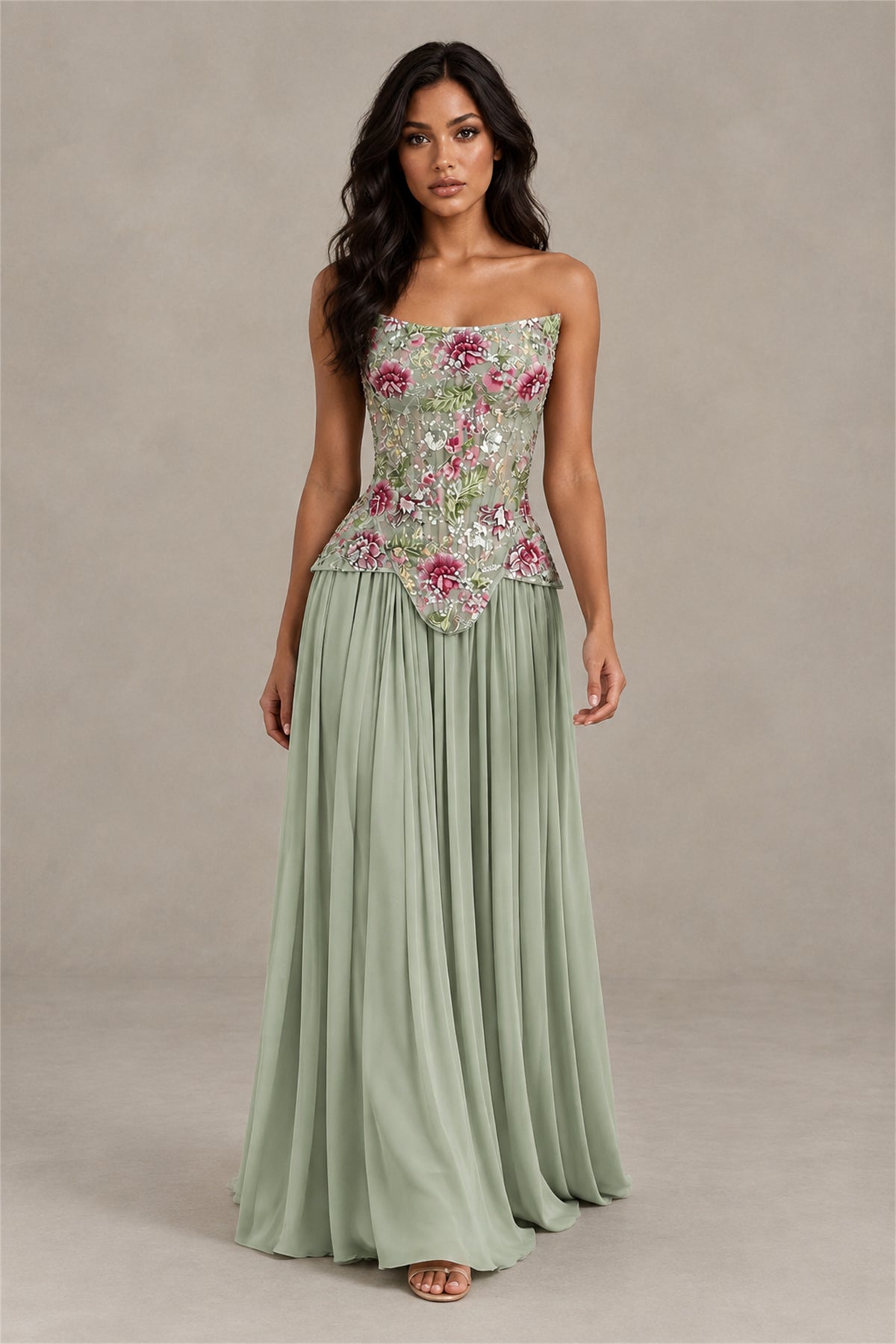 BOLODOO Dusty Sage Strapless Floral Beaded Chiffon Maxi Dress - Dusty Sage
