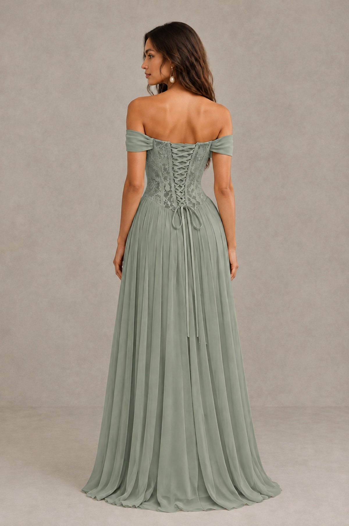 BOLODOO Dusty Sage Off-Shoulder Lace Corset Tulle Maxi Dress - Dusty Sage - Dusty Sage (4)