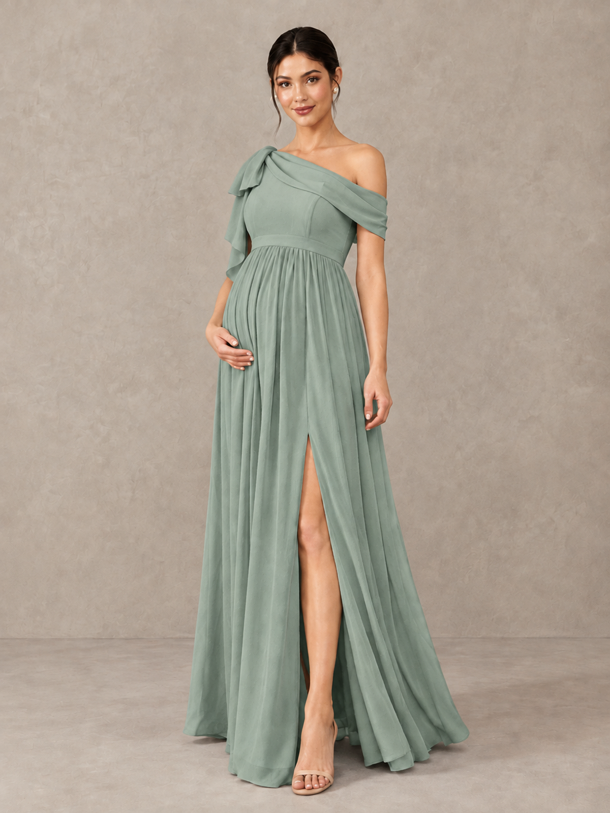 BOLODOO Dusty Sage One-Shoulder Maternity Bridesmaid Dress with Slit - Dusty Sage - Dusty Sage (4)