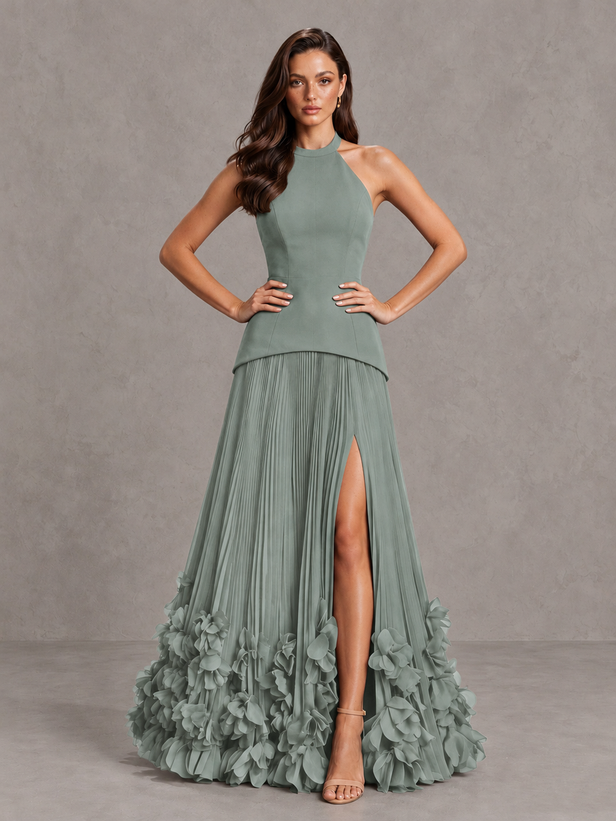 BOLODOO Dusty Sage Halter Neck Floor-Length Evening Gown with High Slit & 3D Floral Hem - Dusty Sage - Dusty Sage (4)