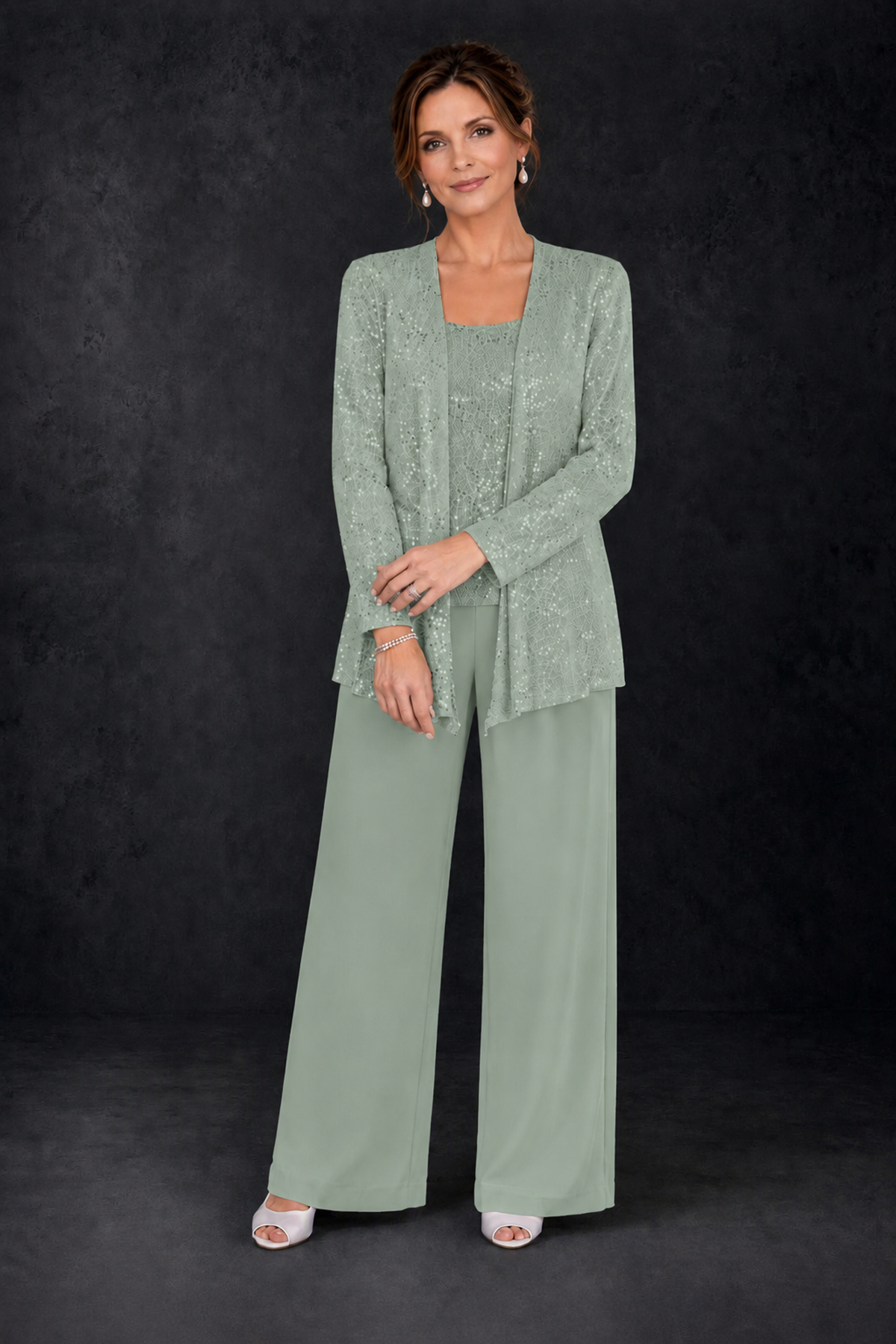 BOLODOO Dusty Sage Sequin Lace 3-Piece Pant Suit with Long Sleeve Jacket - Dusty Sage - Dusty Sage (4)