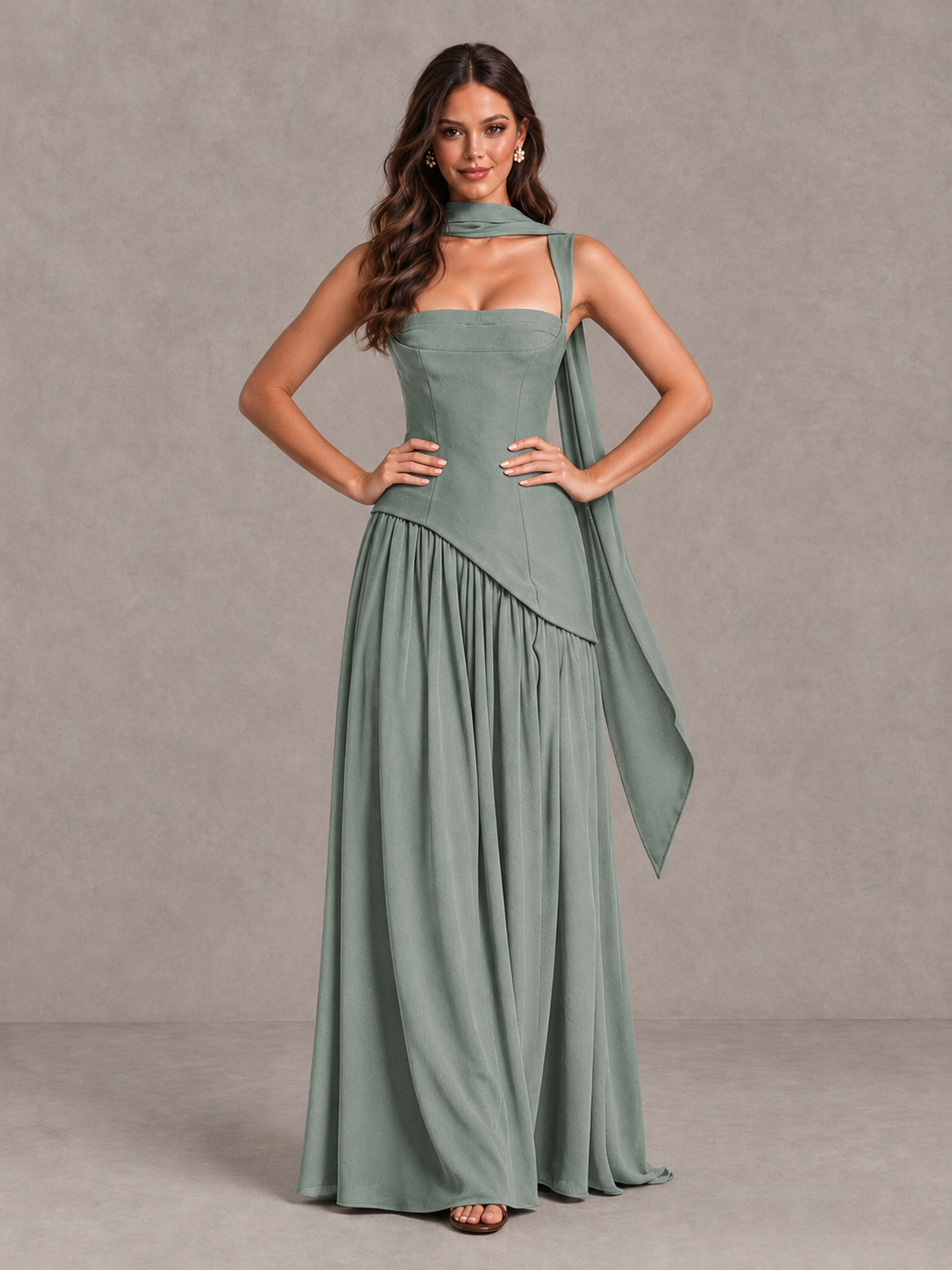 BOLODOO Dusty Sage Brown Scarf Bridesmaid Dress with Lace-Up Back - Dusty Sage - Dusty Sage (4)
