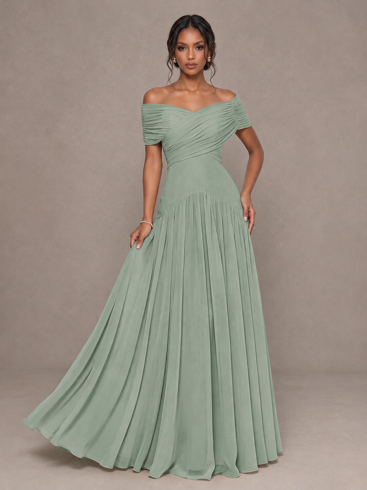 BOLODOO Dusty Sage Off-Shoulder Ruched A-Line Bridesmaid Dress - Dusty Sage - Dusty Sage (4)