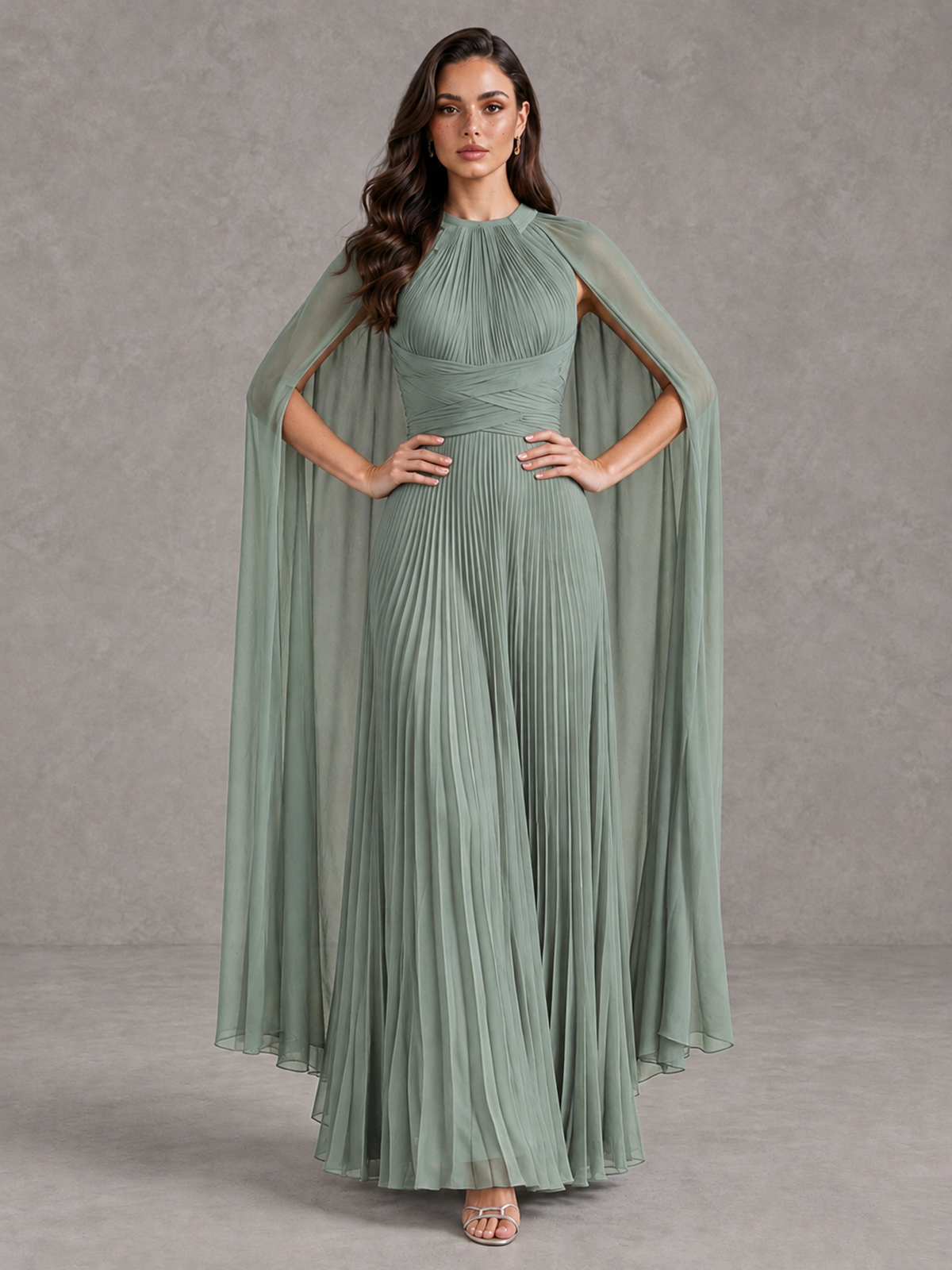 BOLODOO Dusty Sage Pleated Cape Maxi Wedding Guest Dress - Dusty Sage - Dusty Sage (4)