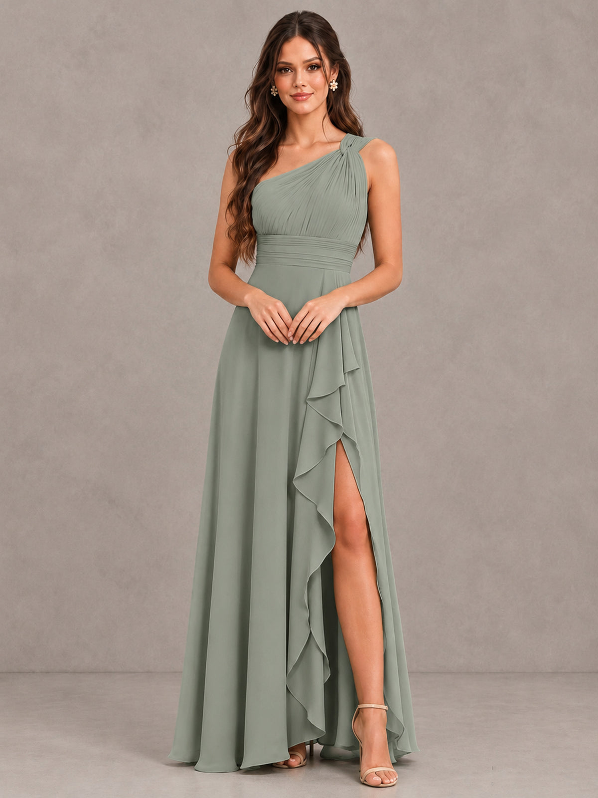 BOLODOO Dusty Sage One-Shoulder Ruffle Bridesmaid Dress with Slit - Dusty Sage - Dusty Sage (4)