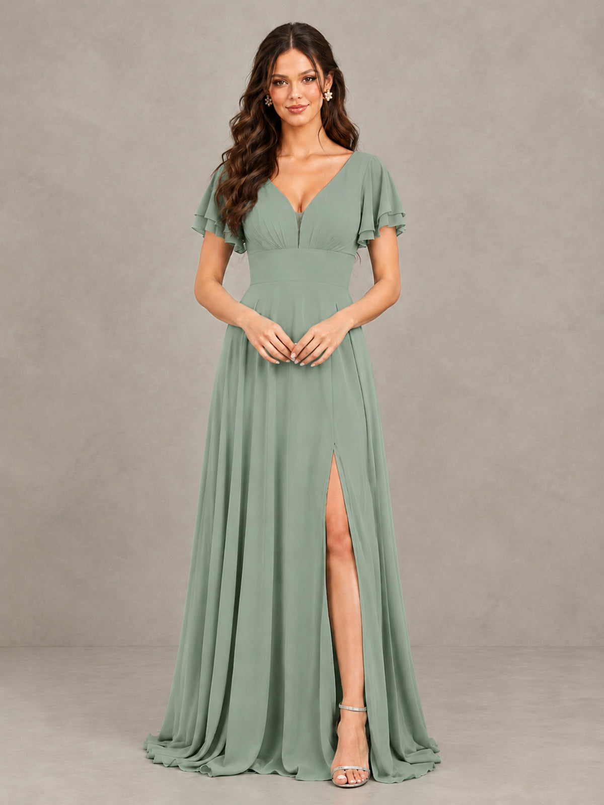 BOLODOO Dusty Sage Flutter Sleeve Chiffon A-Line Maxi Bridesmaid Dress with Open Back & Slit - Dusty Sage - Dusty Sage (4)