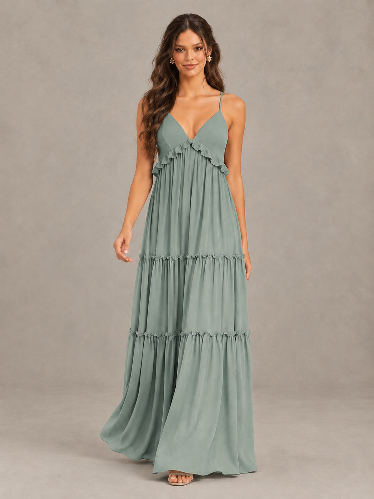 BOLODOO Dusty Sage Tiered V-Neck Lace-Up Back Bridesmaid Dress - Dusty Sage - Dusty Sage (4)