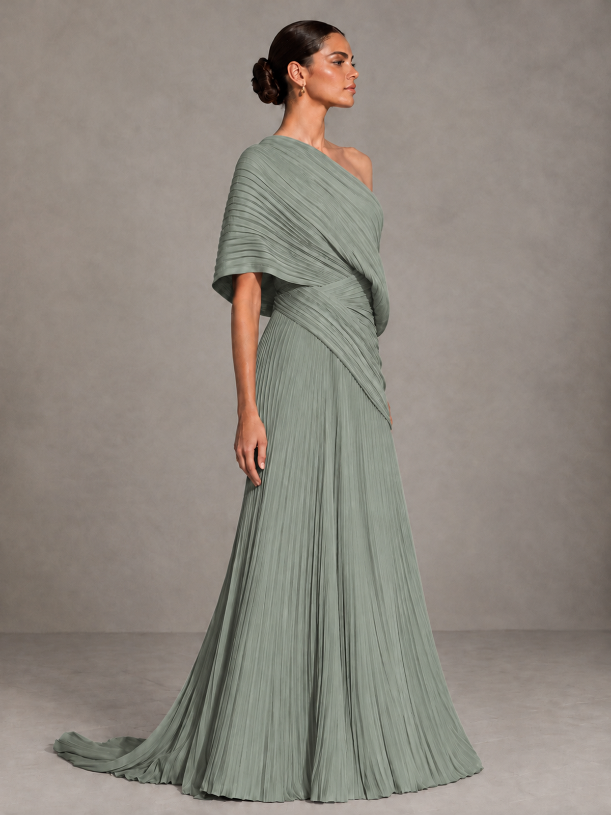 BOLODOO Dusty Sage One-Shoulder Pleated Cape Evening Gown with Train - Dusty Sage - Dusty Sage (4)