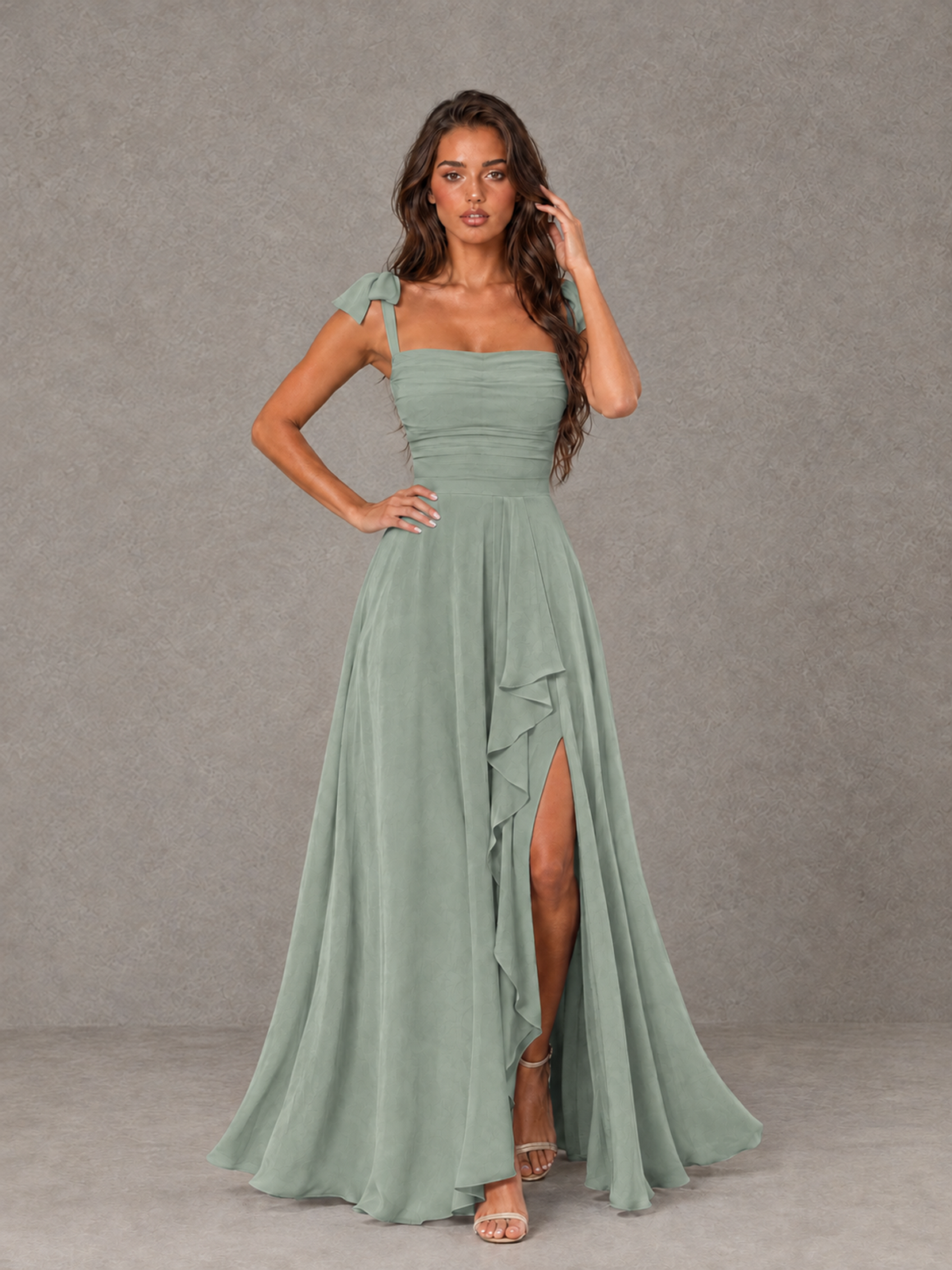 BOLODOO Dusty Sage Bow-Strap Bridesmaid Dress with Ruffle Slit - Dusty Sage - Dusty Sage (4)