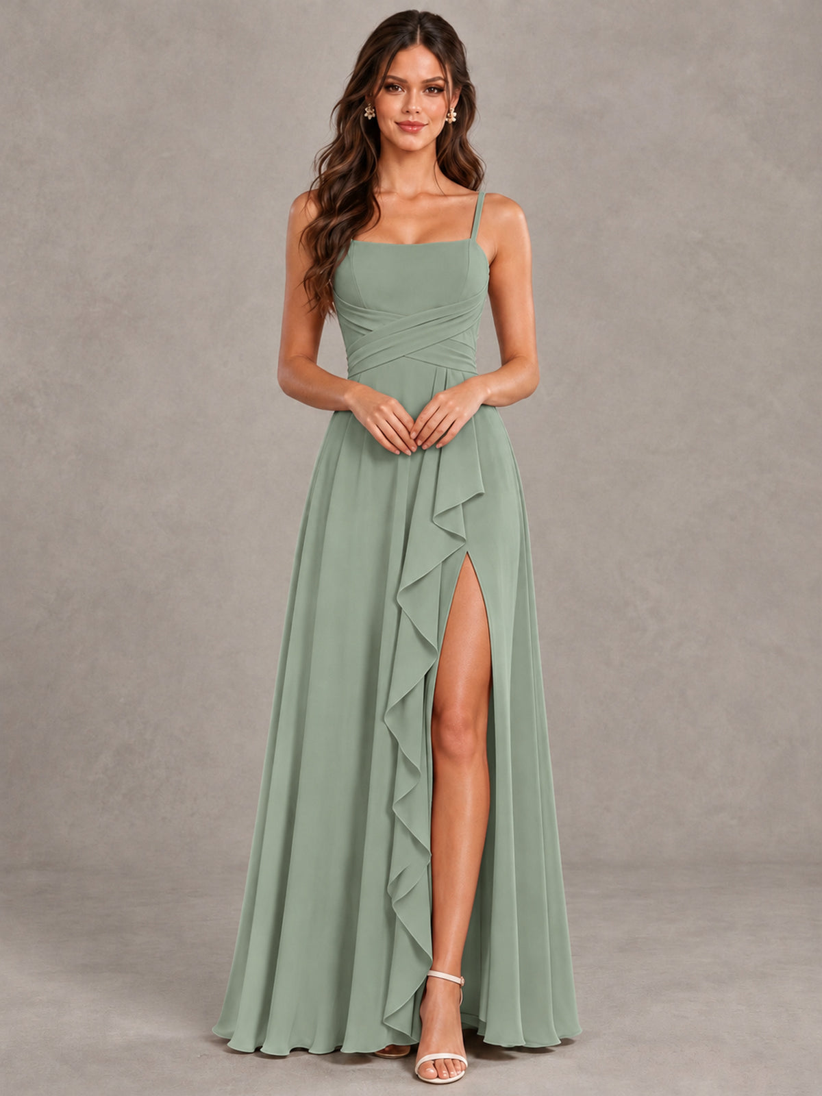 BOLODOO Dusty Sage Spaghetti Strap Ruffle Bridesmaid Dress with Slit - Dusty Sage - Dusty Sage (4)