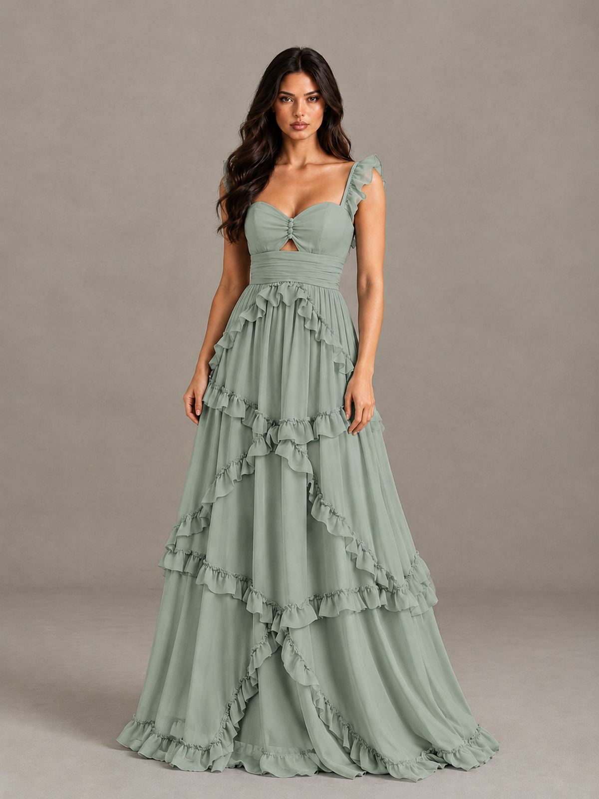 BOLODOO Dusty Sage Ruffle A-Line Prom Dress with Open Back - Dusty Sage - Dusty Sage (4)