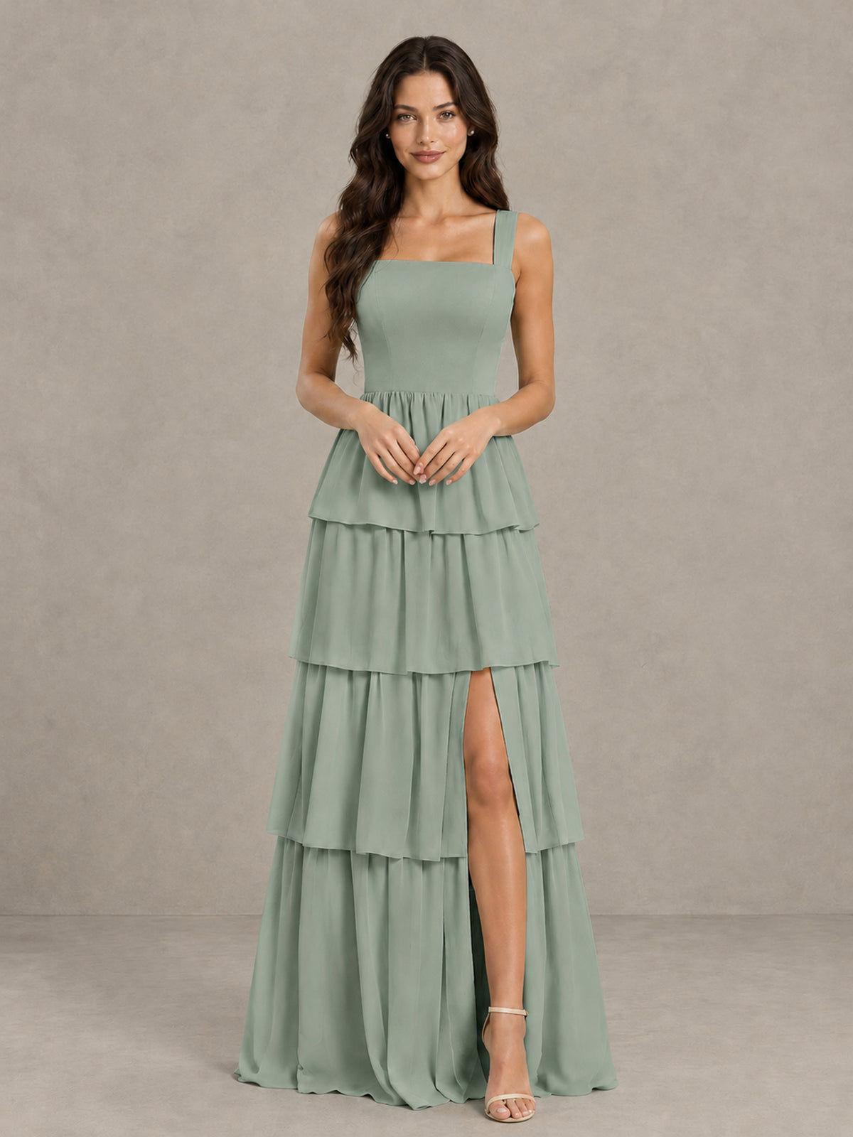 BOLODOO Dusty Sage Square Neck Tiered Bridesmaid Dress with Slit - Dusty Sage - Dusty Sage (4)