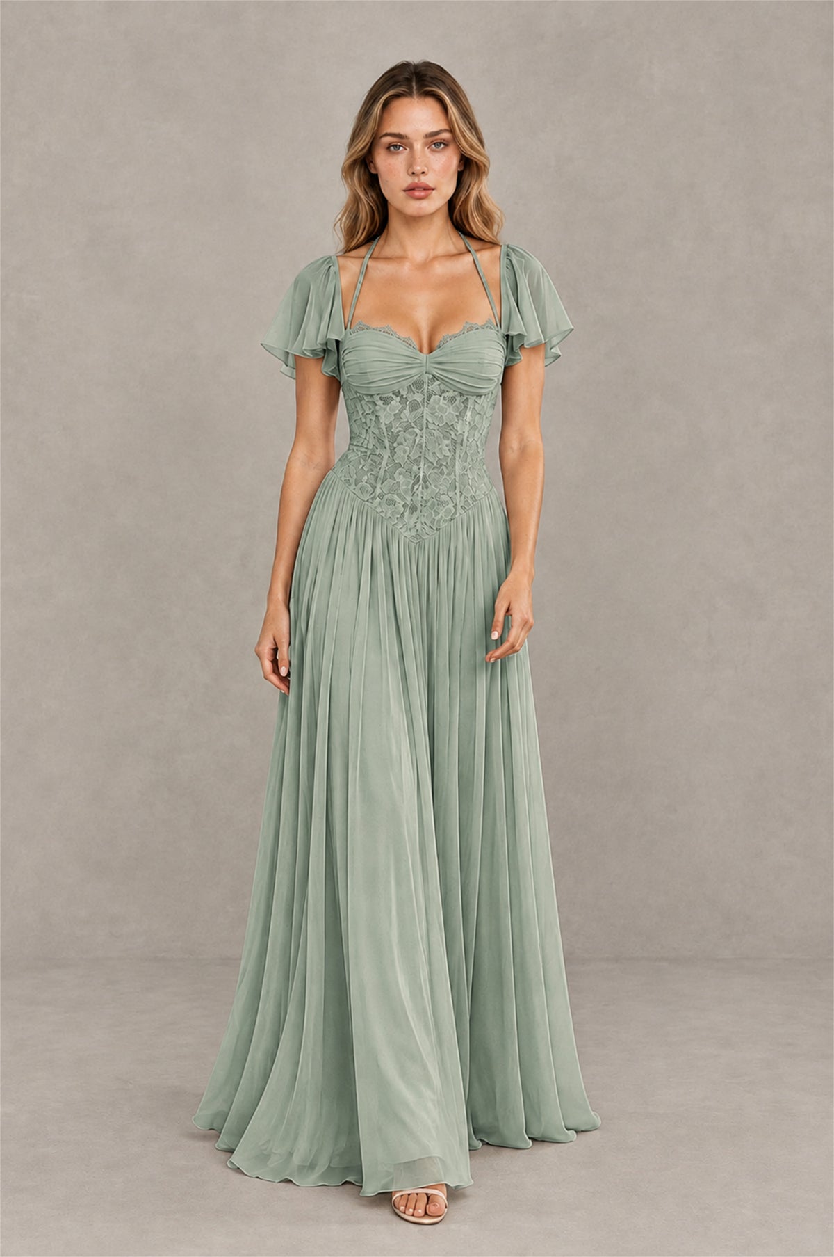 BOLODOO Dusty Sage Flutter Sleeve Lace Corset A-Line Maxi Dress - Dusty Sage - Dusty Sage (4)
