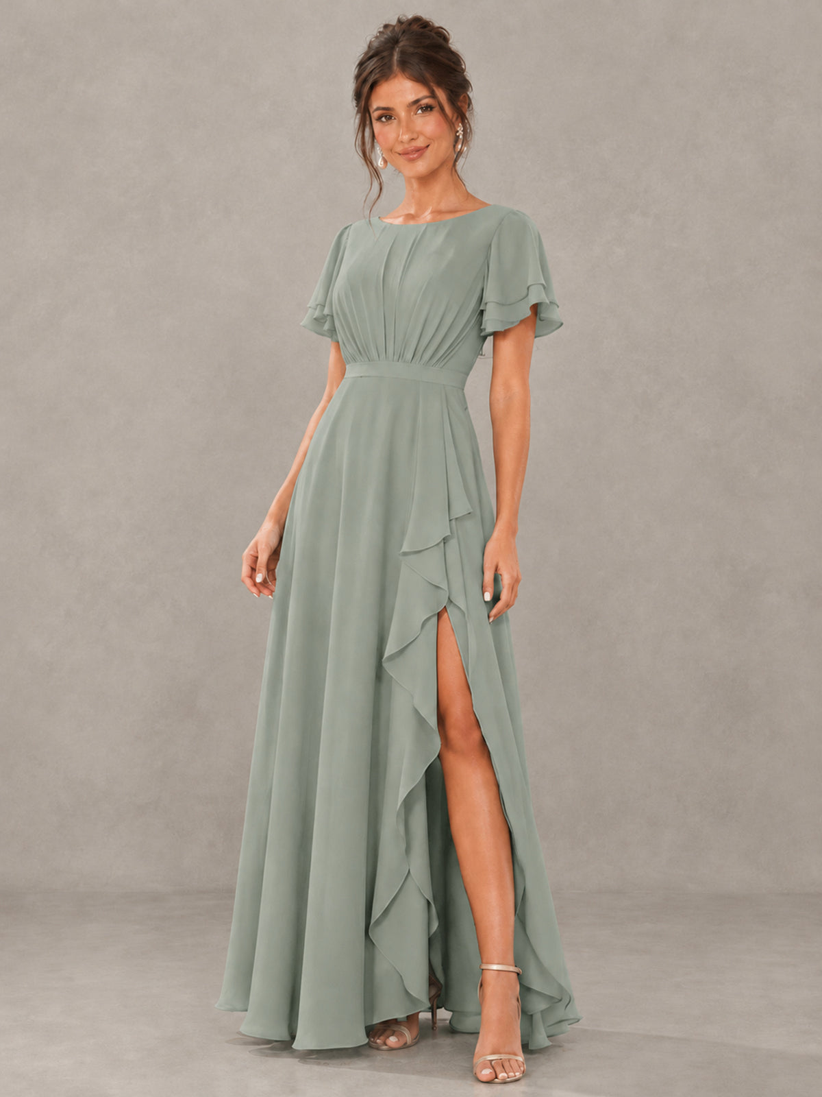 BOLODOO Dusty Sage Flutter Sleeve Ruffle Bridesmaid Dress with Slit - Dusty Sage - Dusty Sage (4)