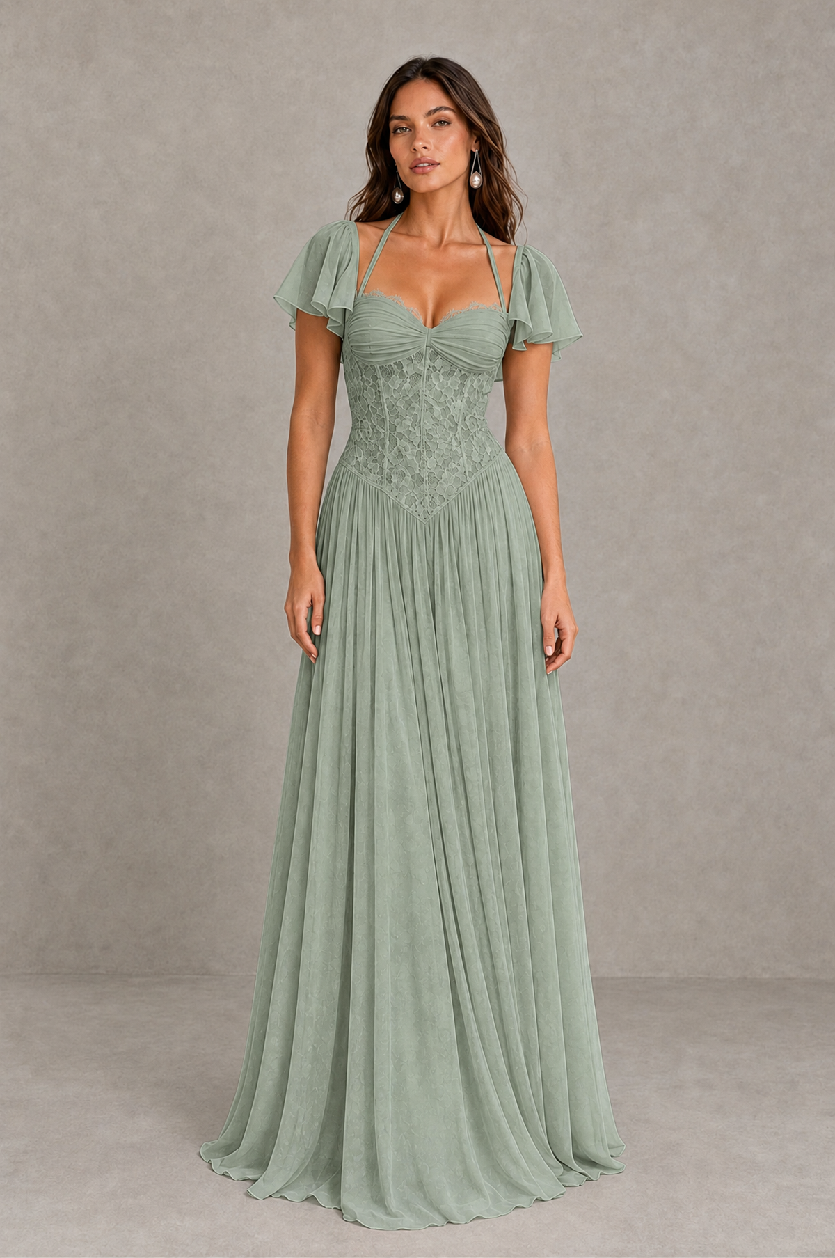 BOLODOO Dusty Sage Flutter Sleeve Lace Corset A-Line Maxi Dress 