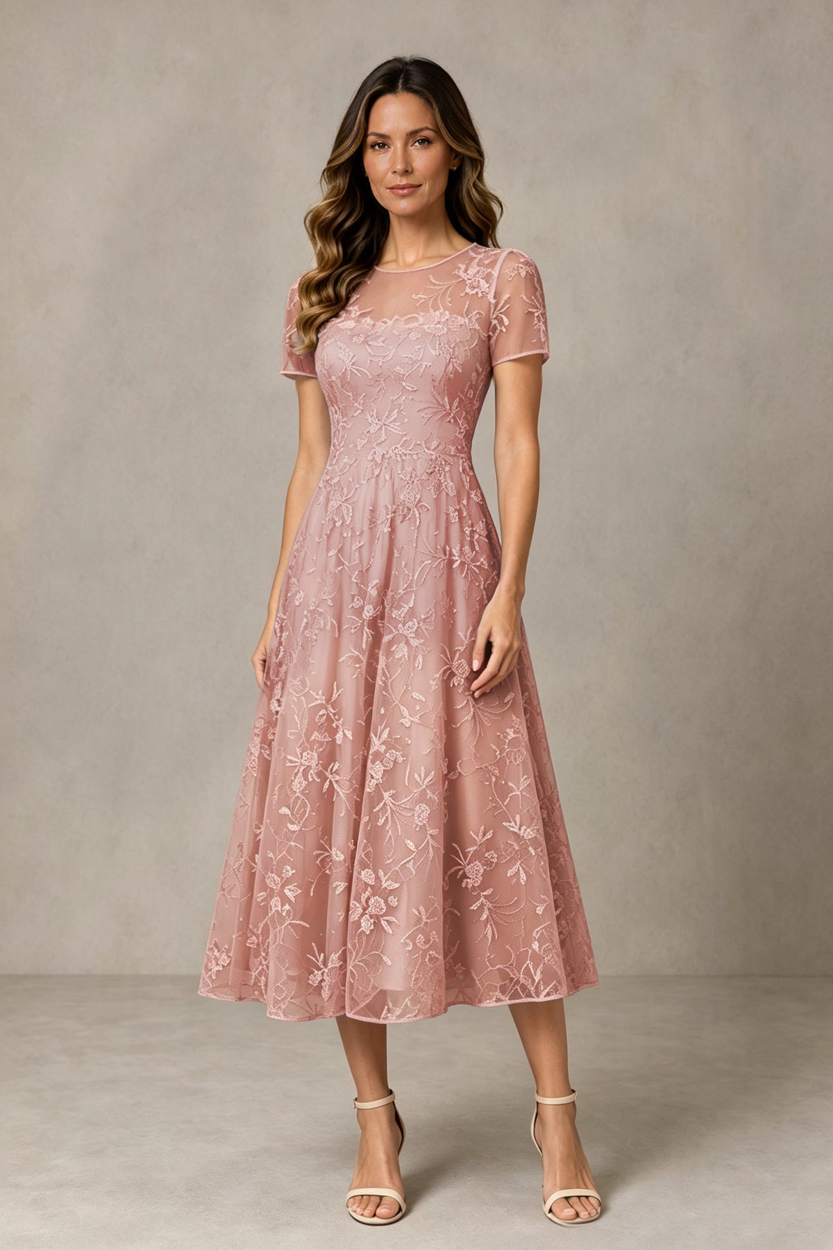 BOLODOO Dusty rose Textured Floral A-Line Dress with Short Sleeves - Dusty rose