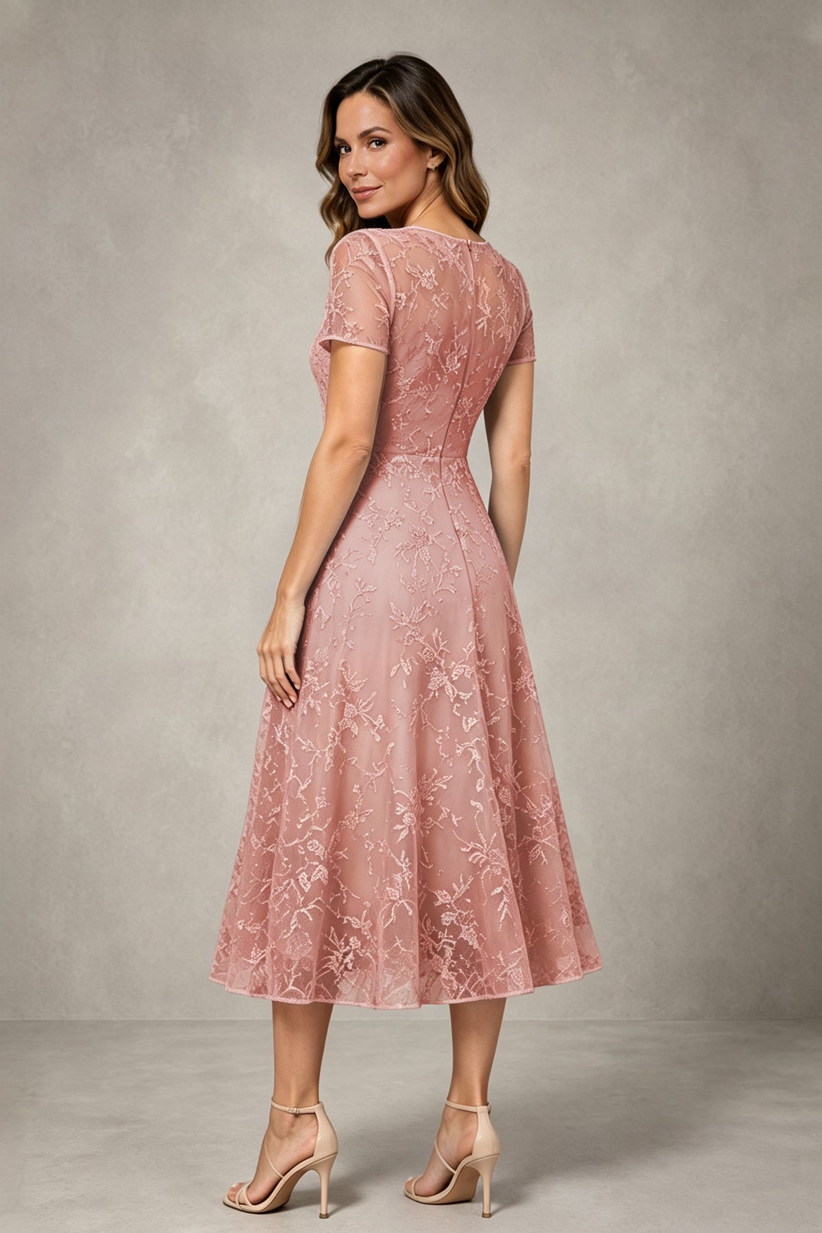 BOLODOO Dusty rose Textured Floral A-Line Dress with Short Sleeves - Dusty rose