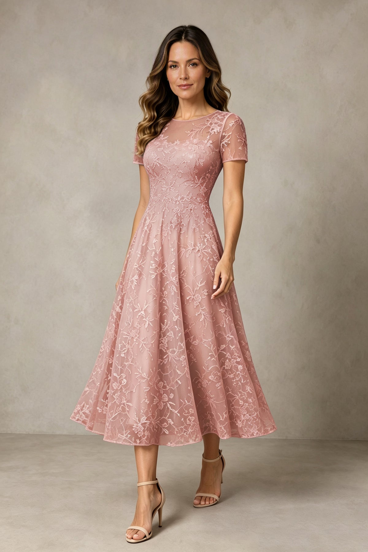 BOLODOO Dusty rose Textured Floral A-Line Dress with Short Sleeves - Dusty rose
