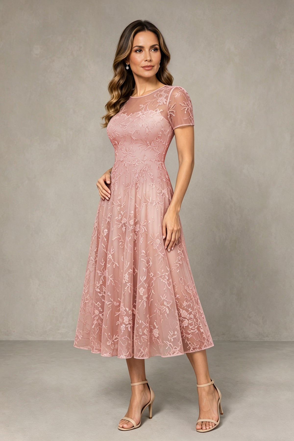 BOLODOO Dusty rose Textured Floral A-Line Dress with Short Sleeves - Dusty rose